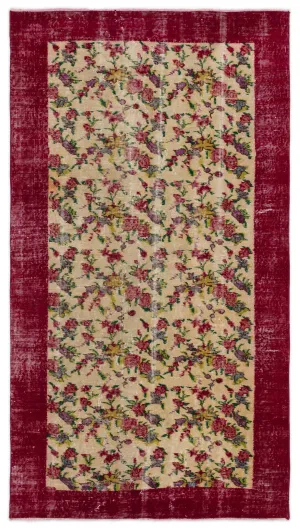 Retro Design Floral Over Dyed Vintage Rug 3'9'' x 6'11'' ft 115 x 212 cm