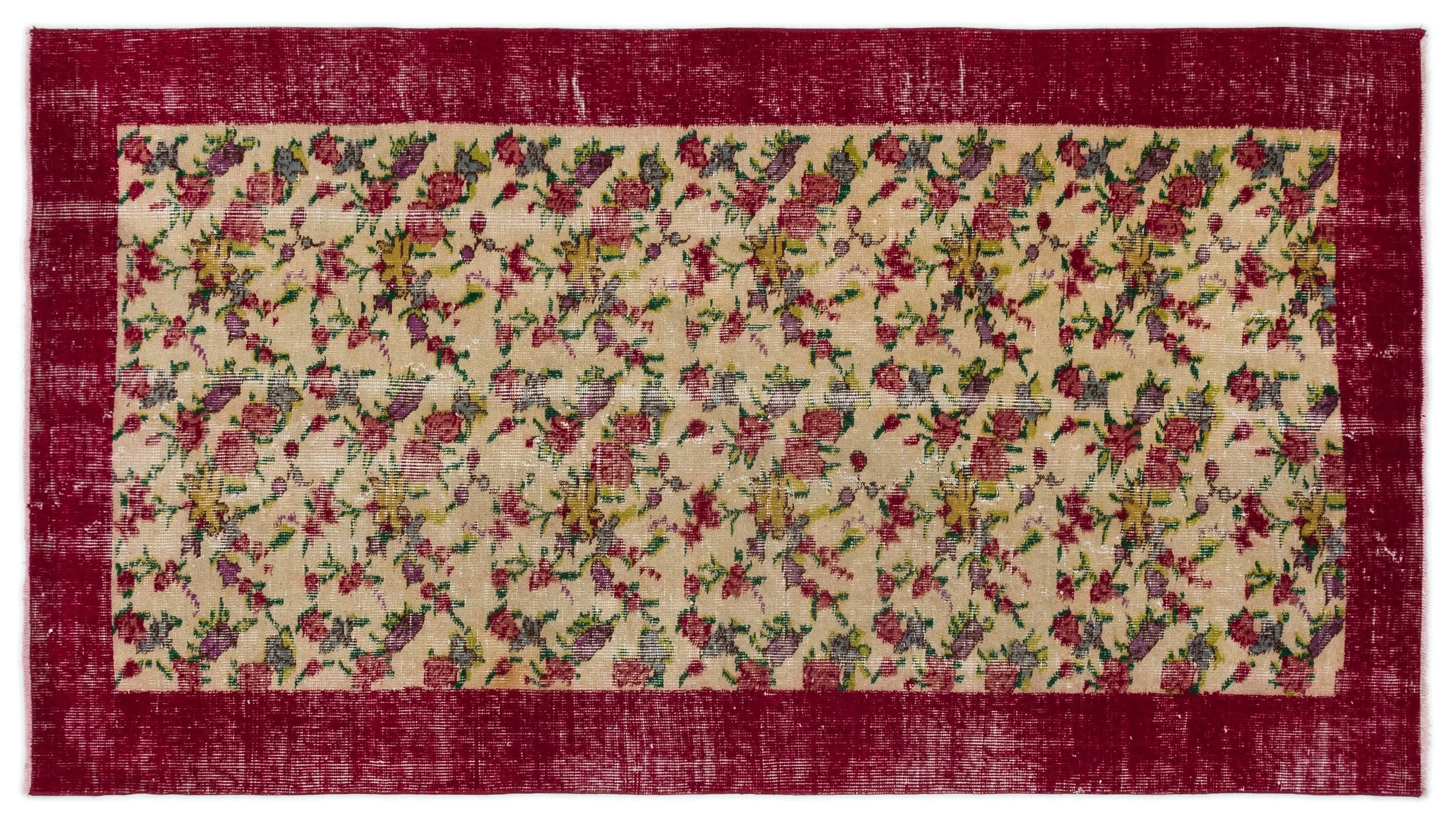Retro Design Floral Over Dyed Vintage Rug 3'9'' x 6'11'' ft 115 x 212 cm