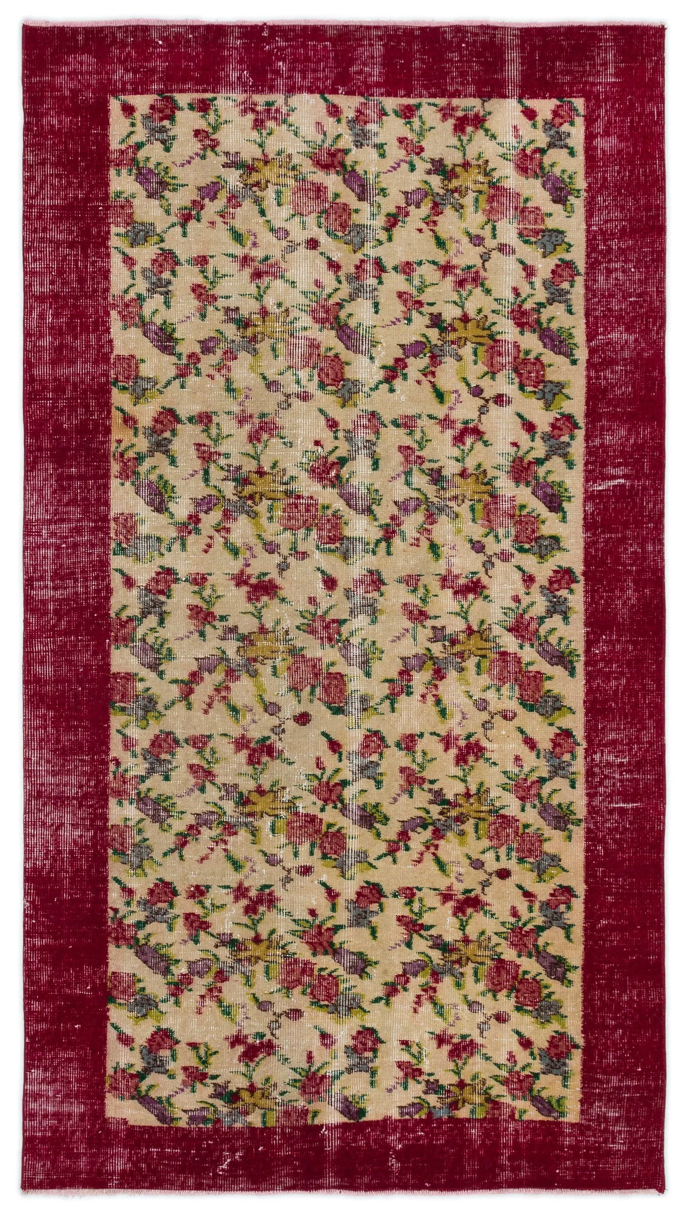Retro Design Floral Over Dyed Vintage Rug 3'9'' x 6'11'' ft 115 x 212 cm