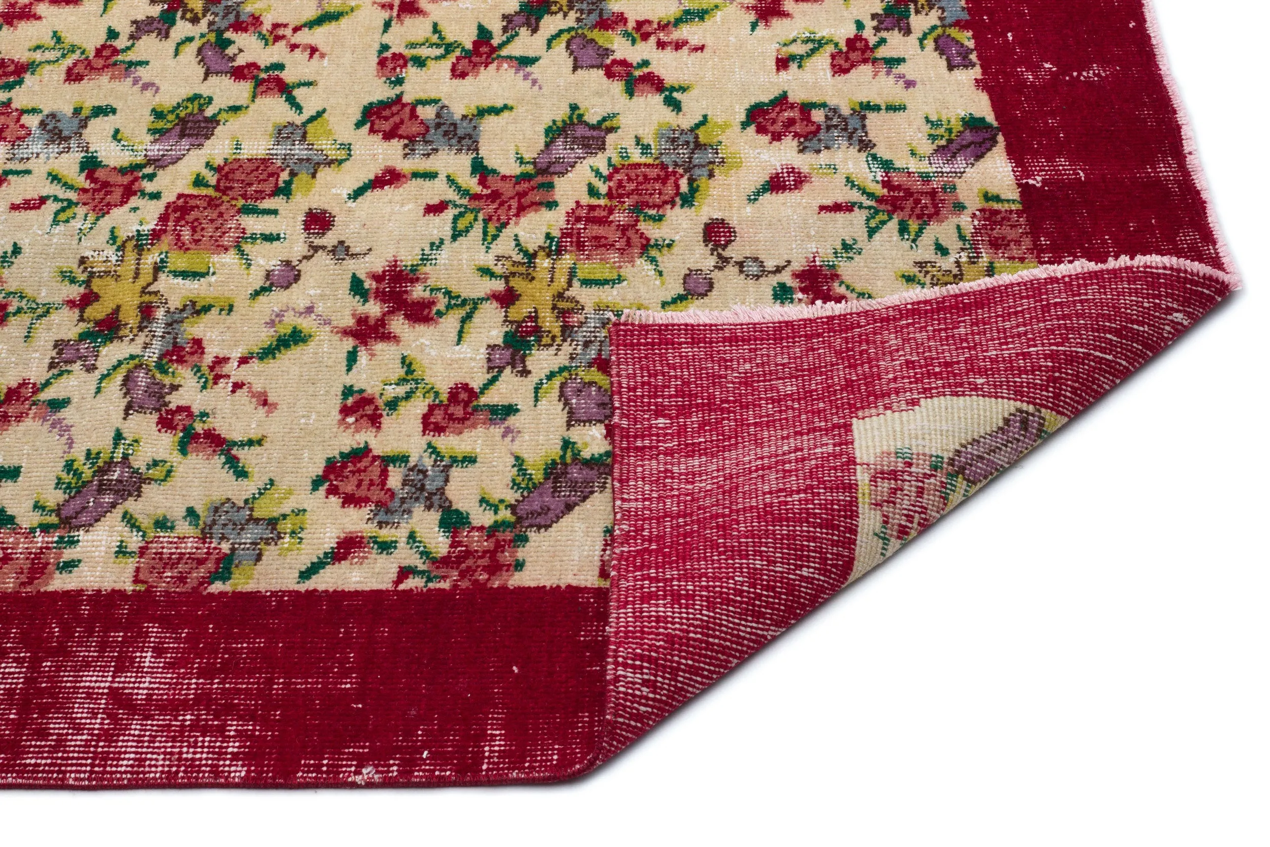 Retro Design Floral Over Dyed Vintage Rug 3'9'' x 6'11'' ft 115 x 212 cm
