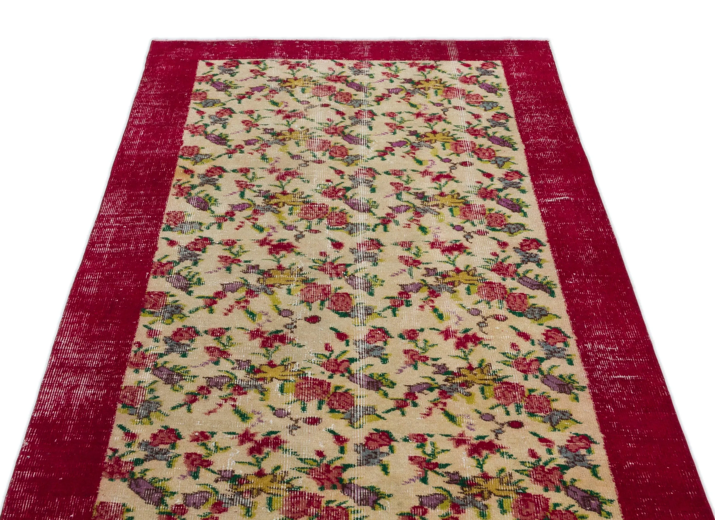Retro Design Floral Over Dyed Vintage Rug 3'9'' x 6'11'' ft 115 x 212 cm