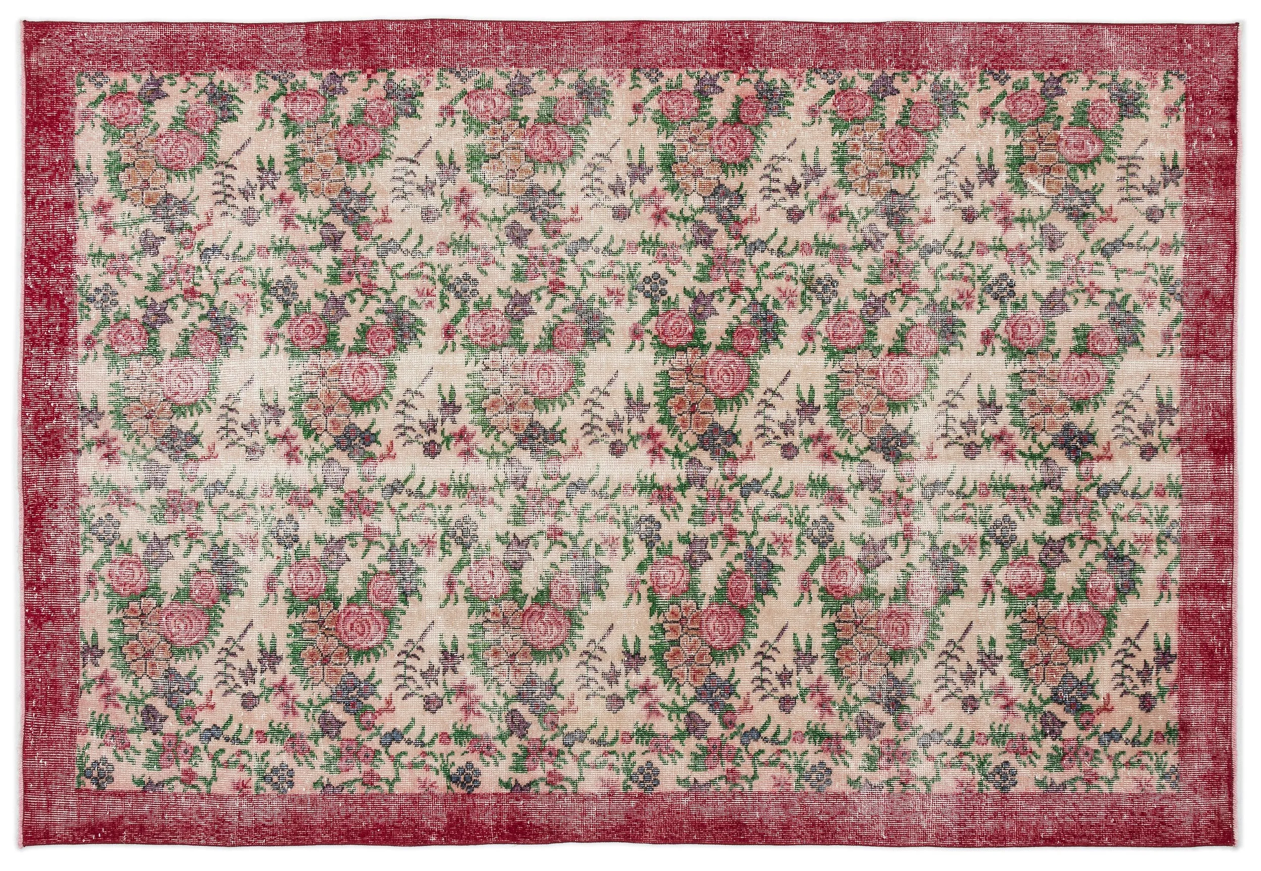 Retro Design Floral Over Dyed Vintage Rug 6'2'' x 9'2'' ft 188 x 280 cm