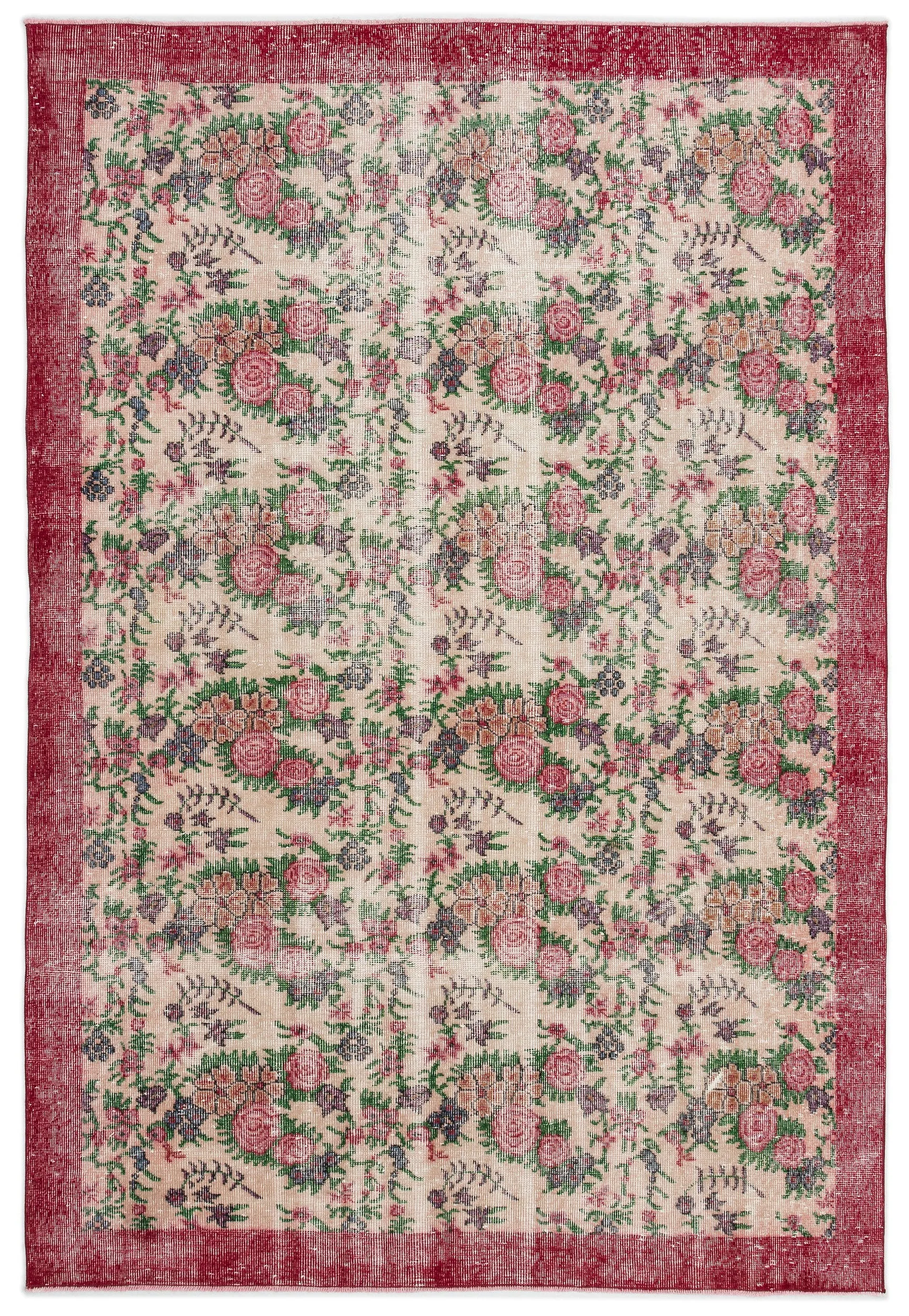Retro Design Floral Over Dyed Vintage Rug 6'2'' x 9'2'' ft 188 x 280 cm