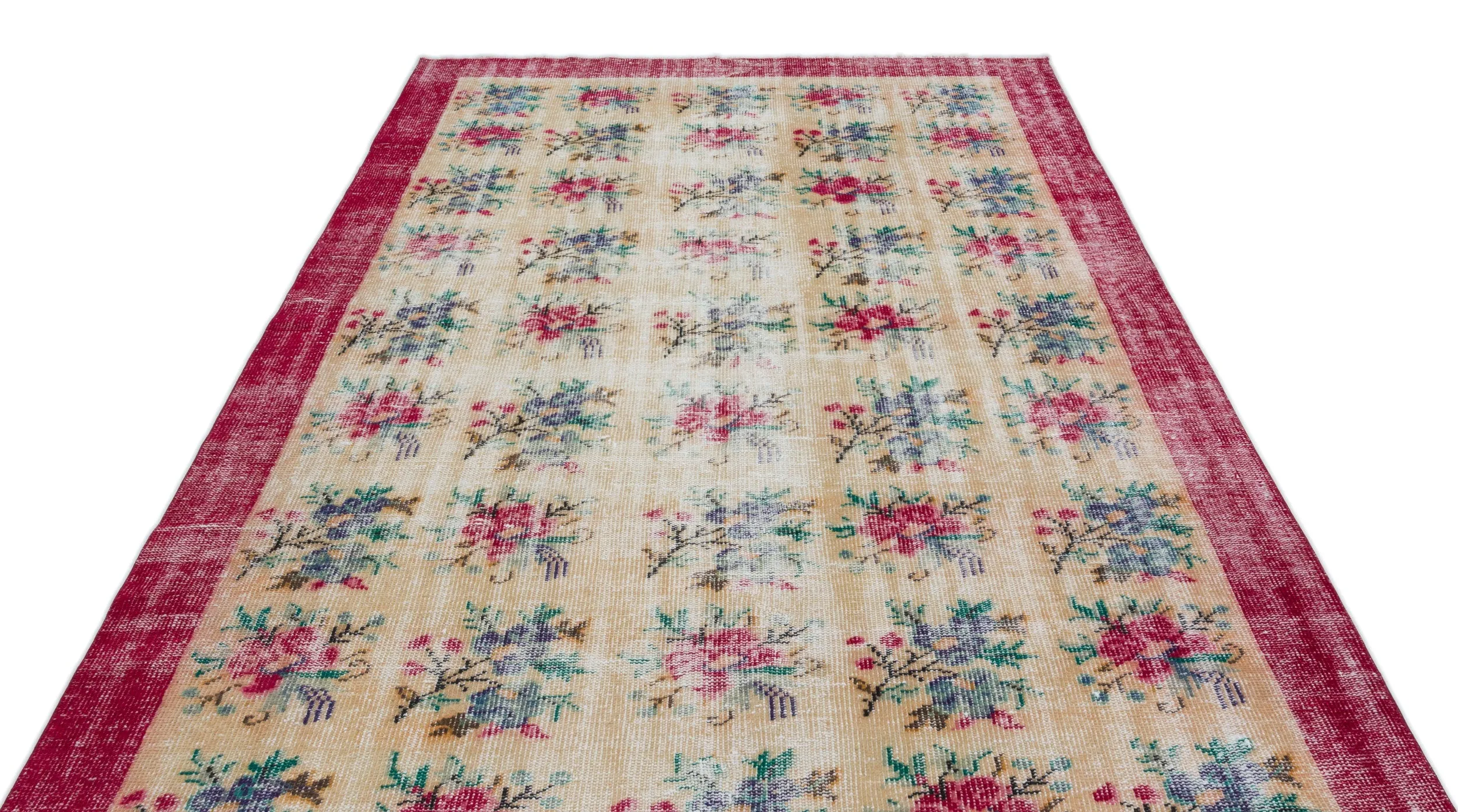 Retro Design Floral Over Dyed Vintage Rug 6'4'' x 9'4'' ft 192 x 284 cm