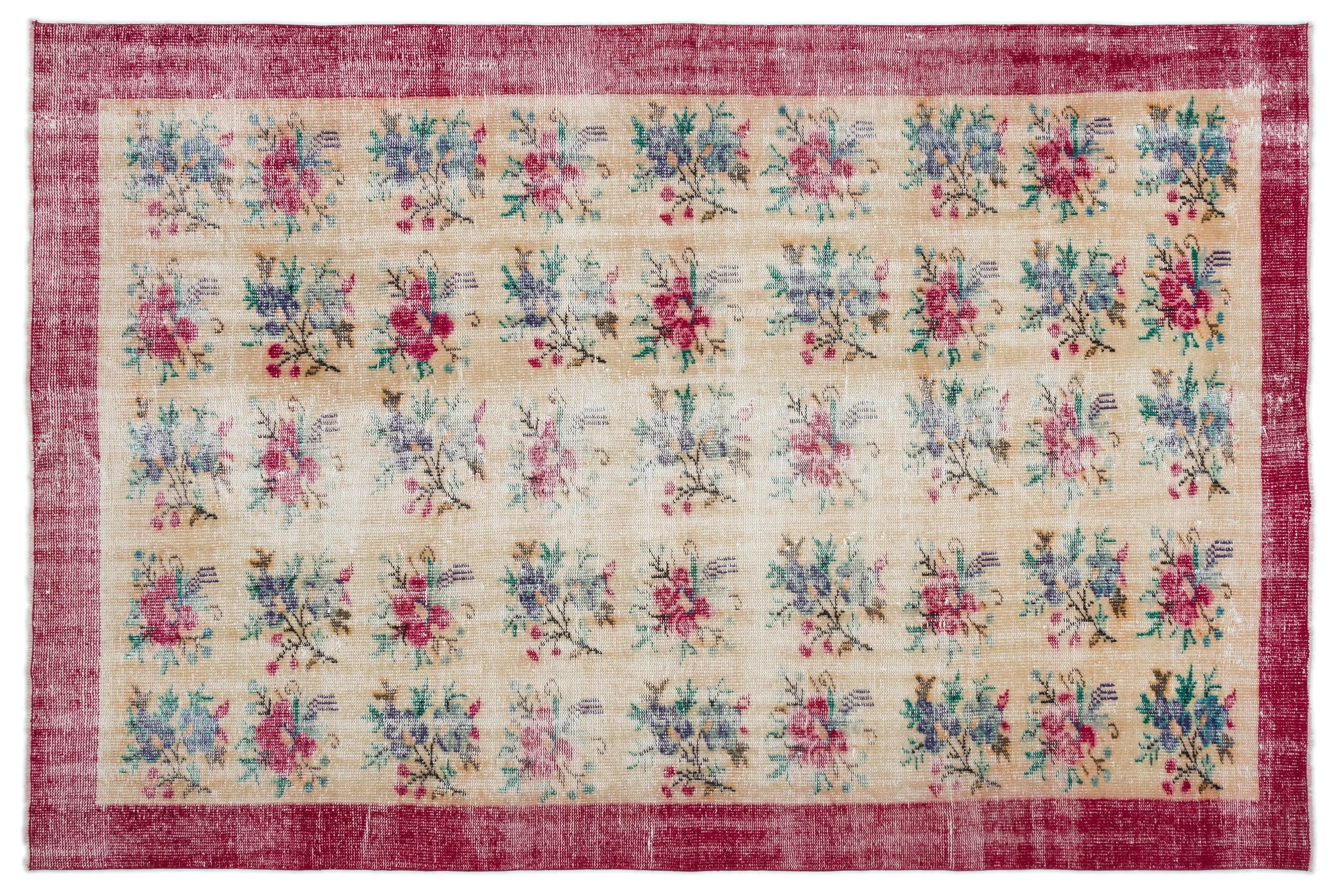 Retro Design Floral Over Dyed Vintage Rug 6'4'' x 9'4'' ft 192 x 284 cm