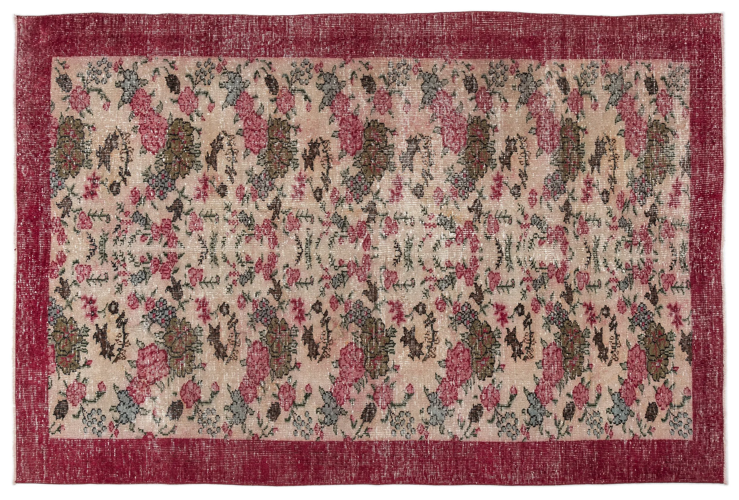 Retro Design Floral Over Dyed Vintage Rug 6'5'' x 9'8'' ft 195 x 294 cm