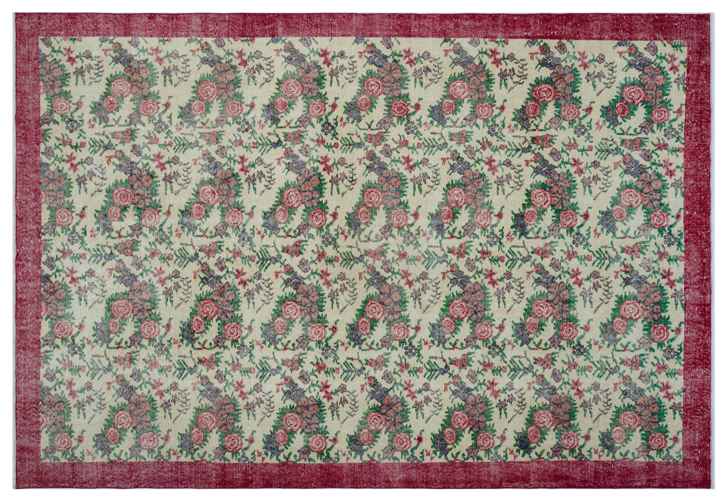 Retro Design Floral Over Dyed Vintage Rug 7'4'' x 10'7'' ft 223 x 322 cm