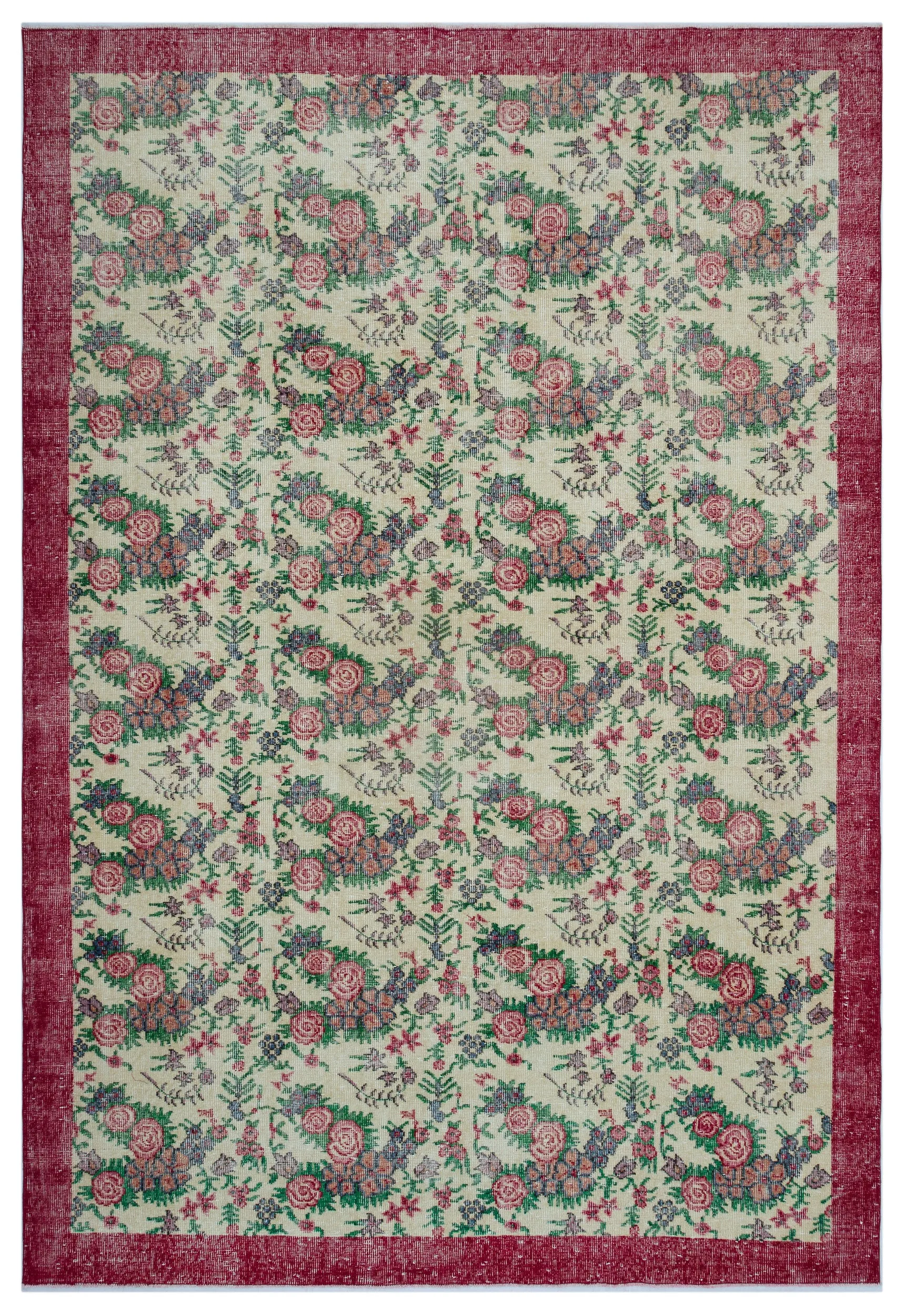 Retro Design Floral Over Dyed Vintage Rug 7'4'' x 10'7'' ft 223 x 322 cm