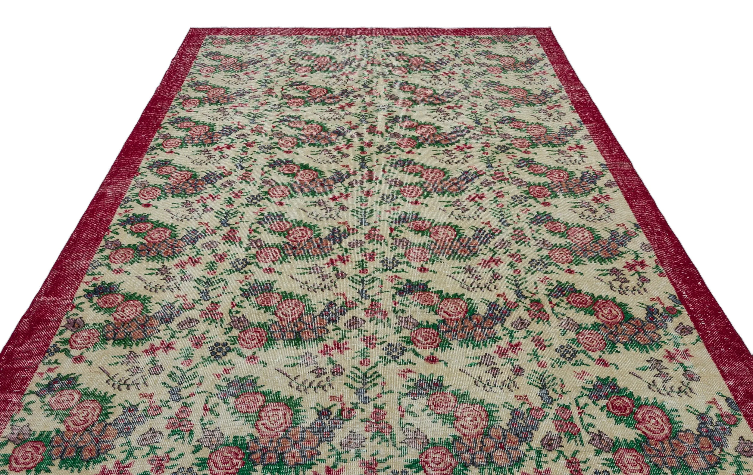 Retro Design Floral Over Dyed Vintage Rug 7'4'' x 10'7'' ft 223 x 322 cm