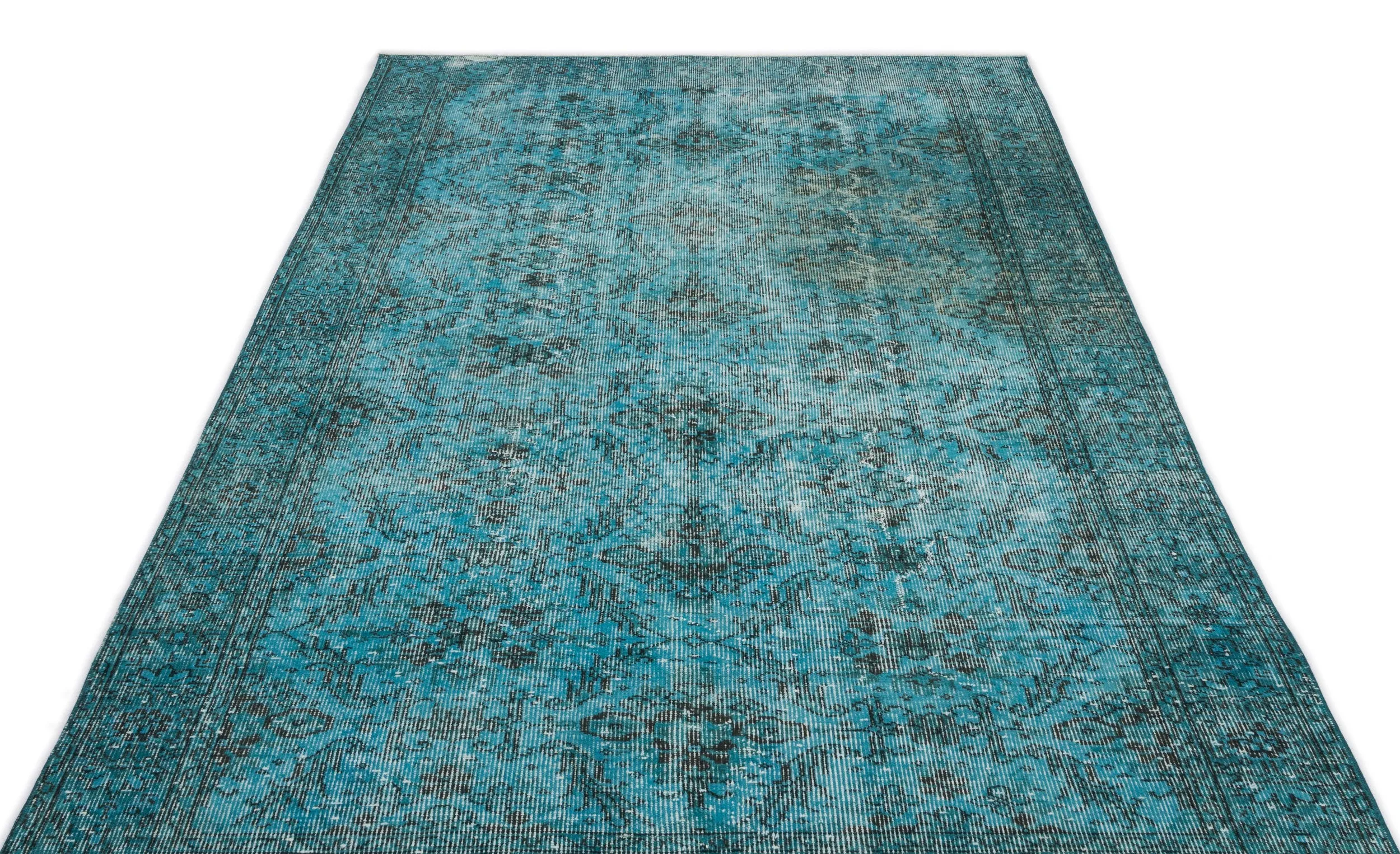 Retro Design Stone Blue Over Dyed Vintage Rug 4'10'' x 8'8'' ft 148 x 265 cm