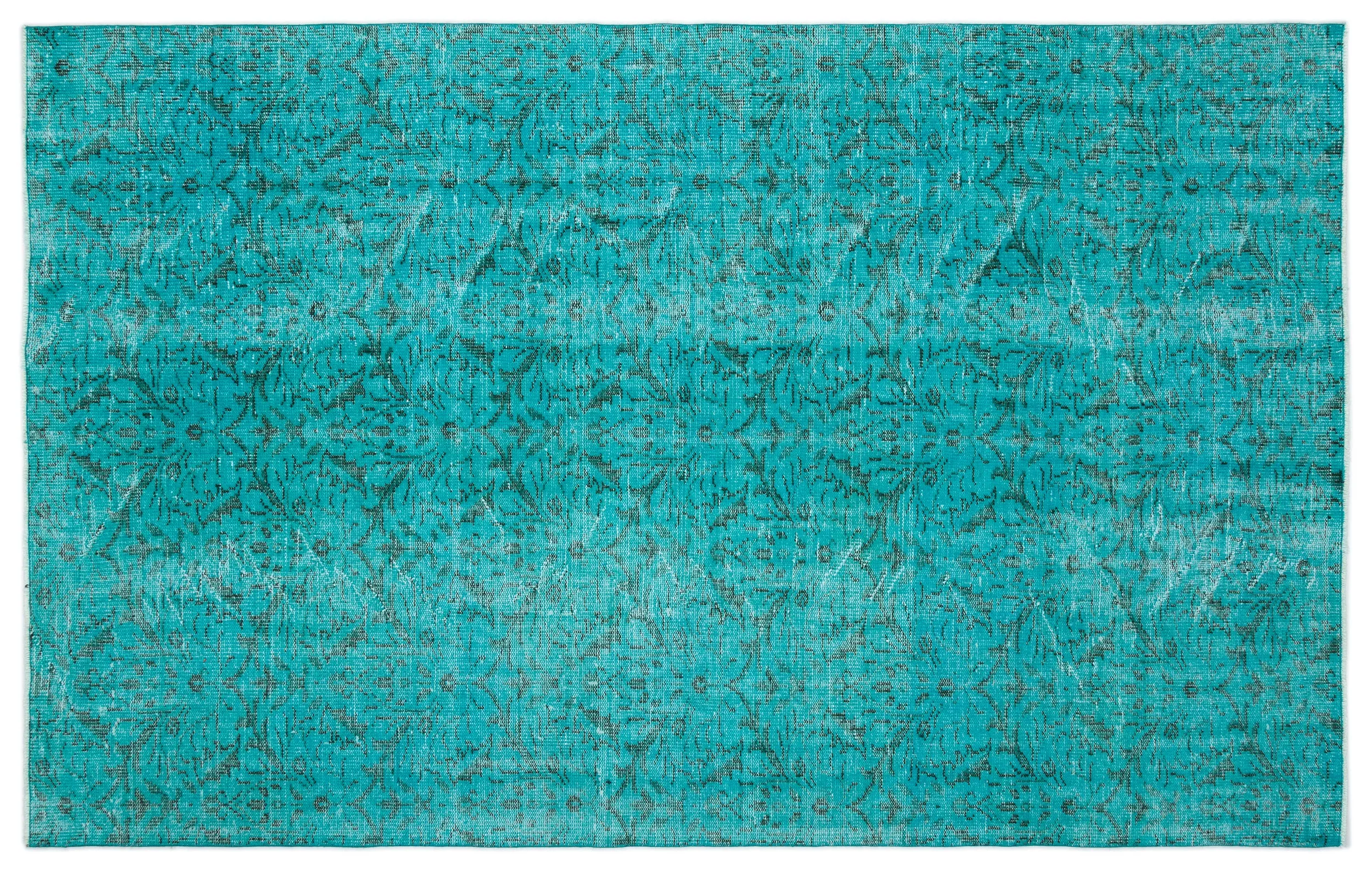 Retro Design Turquoise Over Dyed Vintage Rug 5'10'' x 9'3'' ft 178 x 282 cm