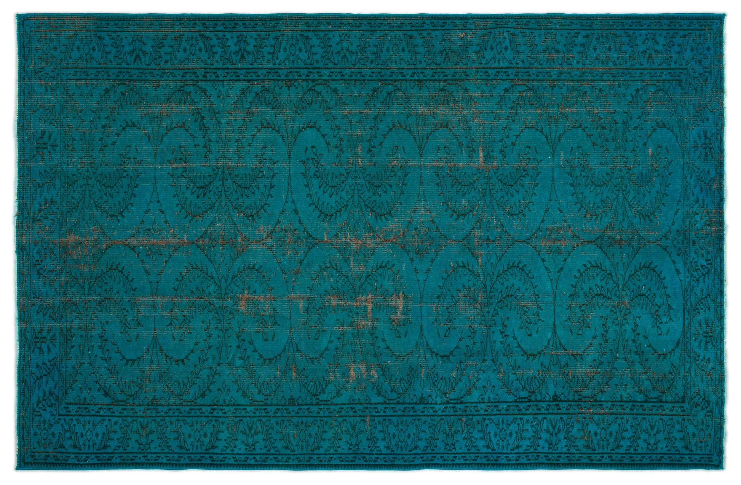 Retro Design Turquoise Over Dyed Vintage Rug 5'11'' x 9'1'' ft 181 x 278 cm
