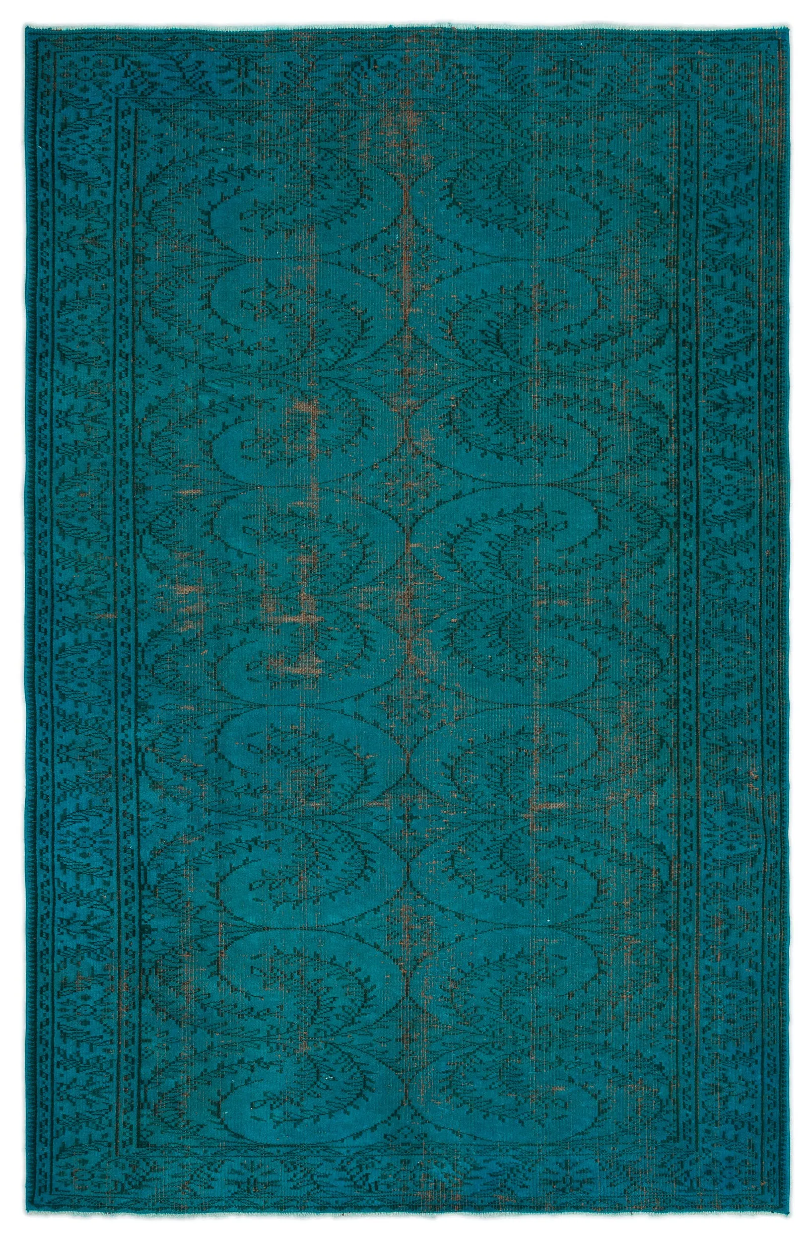 Retro Design Turquoise Over Dyed Vintage Rug 5'11'' x 9'1'' ft 181 x 278 cm