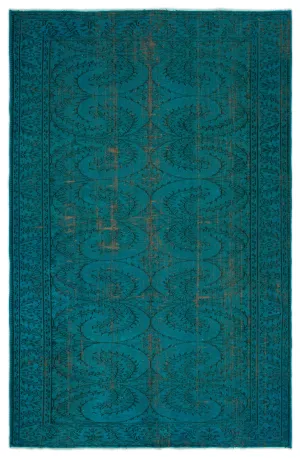 Retro Design Turquoise Over Dyed Vintage Rug 5'11'' x 9'1'' ft 181 x 278 cm