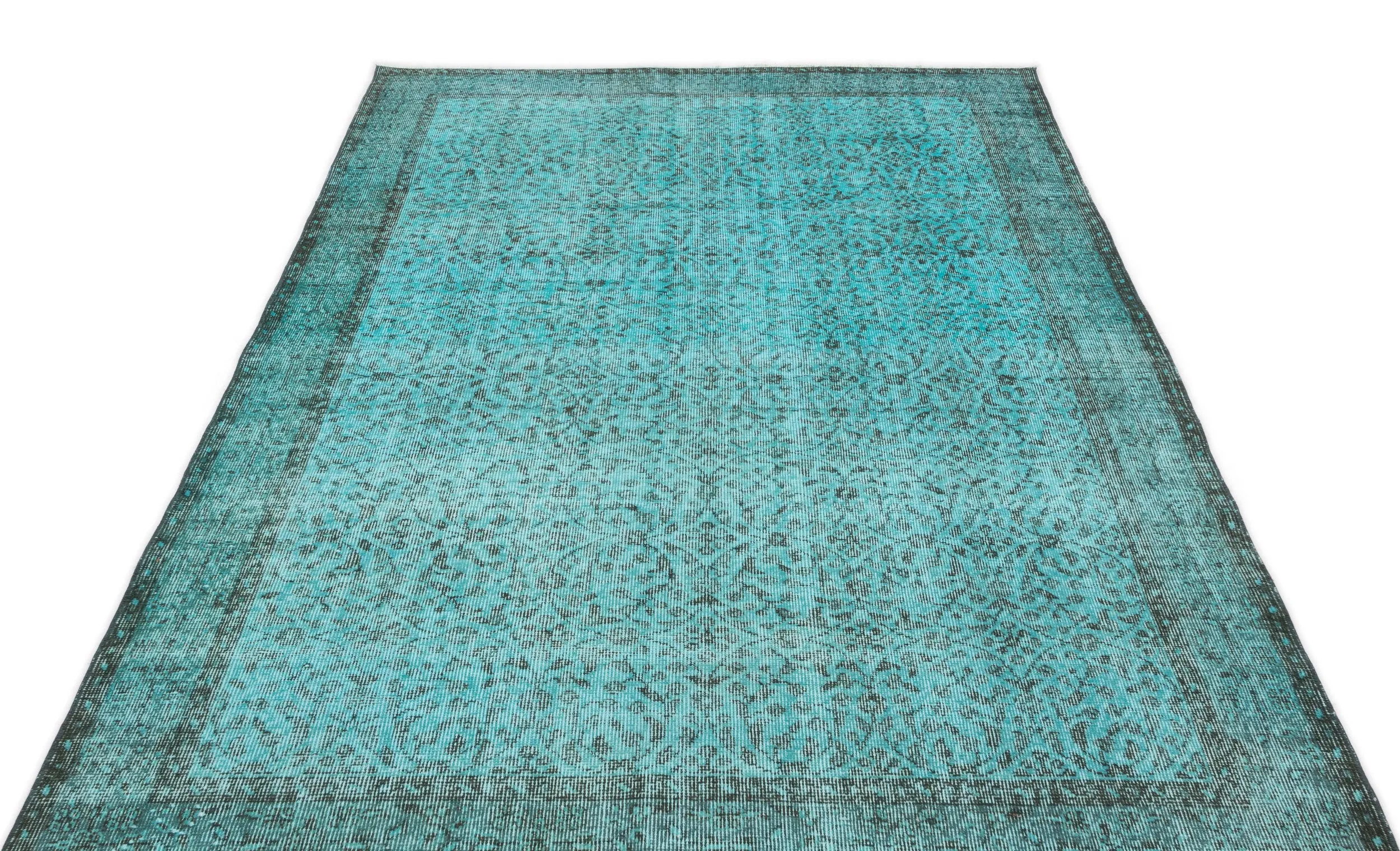 Retro Design Turquoise Over Dyed Vintage Rug 5'3'' x 8'9'' ft 160 x 267 cm