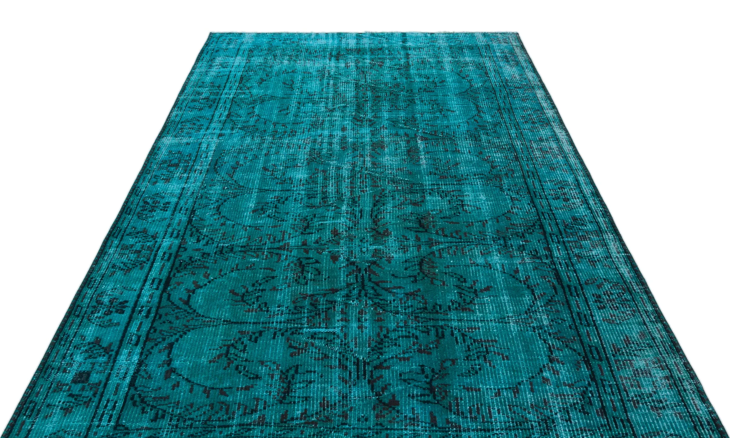 Retro Design Turquoise Over Dyed Vintage Rug 5'7'' x 8'5'' ft 169 x 257 cm