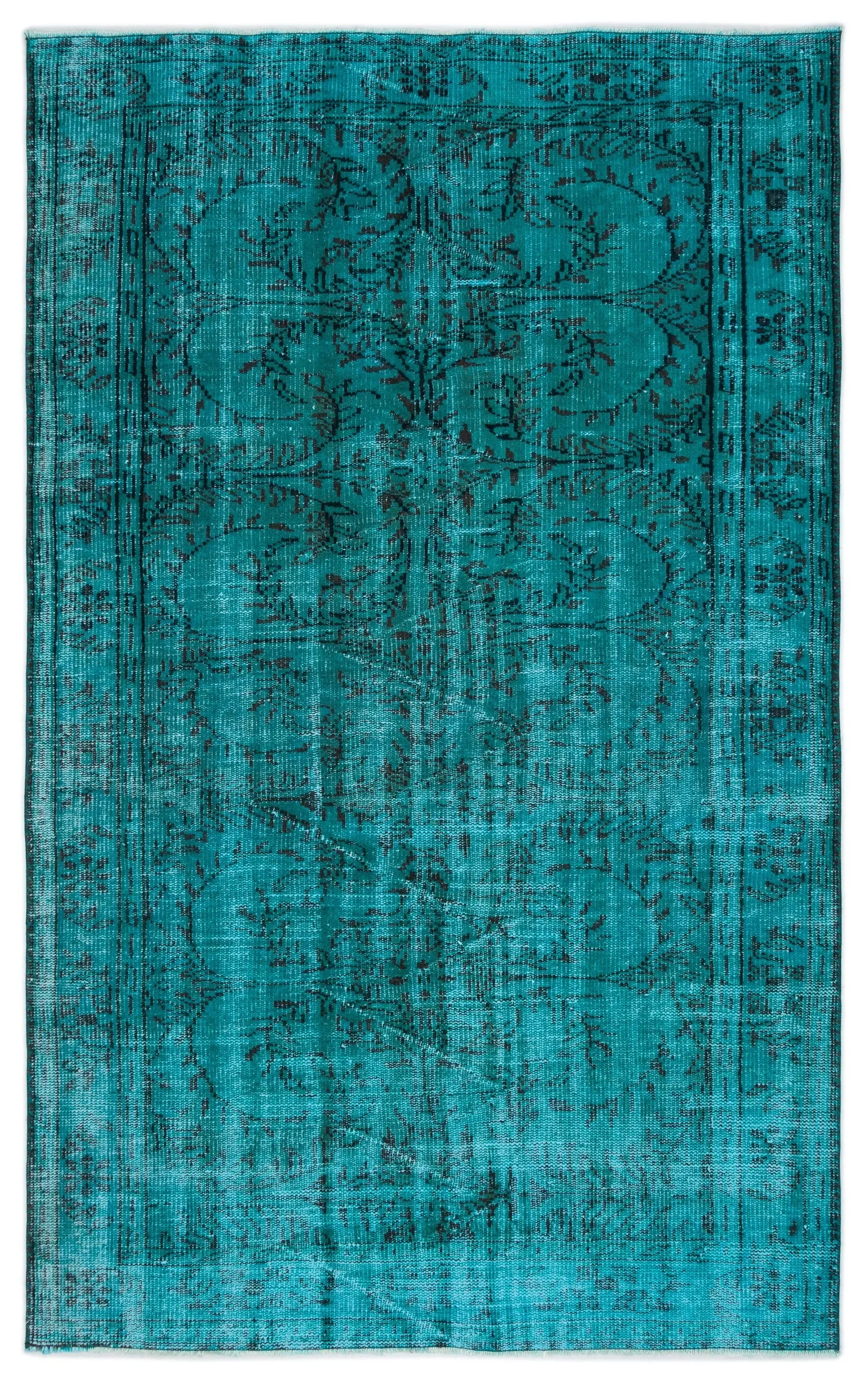 Retro Design Turquoise Over Dyed Vintage Rug 5'7'' x 8'5'' ft 169 x 257 cm