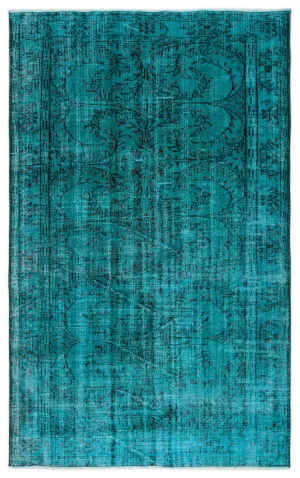 Retro Design Turquoise Over Dyed Vintage Rug 5'7'' x 8'5'' ft 169 x 257 cm
