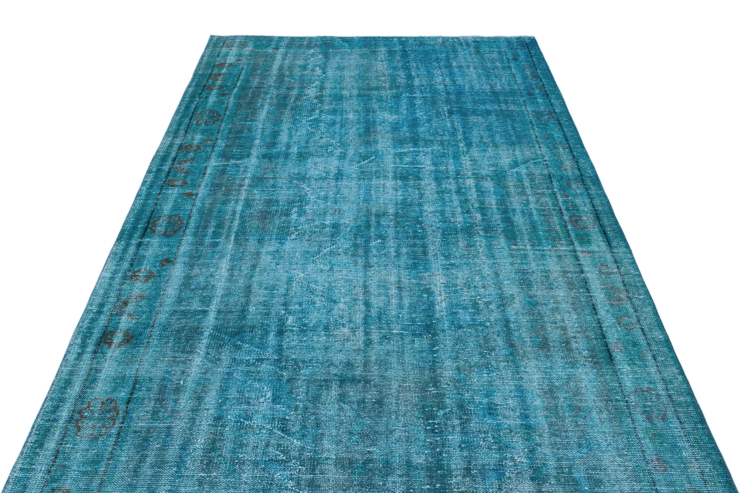 Retro Design Turquoise Over Dyed Vintage Rug 5'8'' x 9'10'' ft 172 x 300 cm