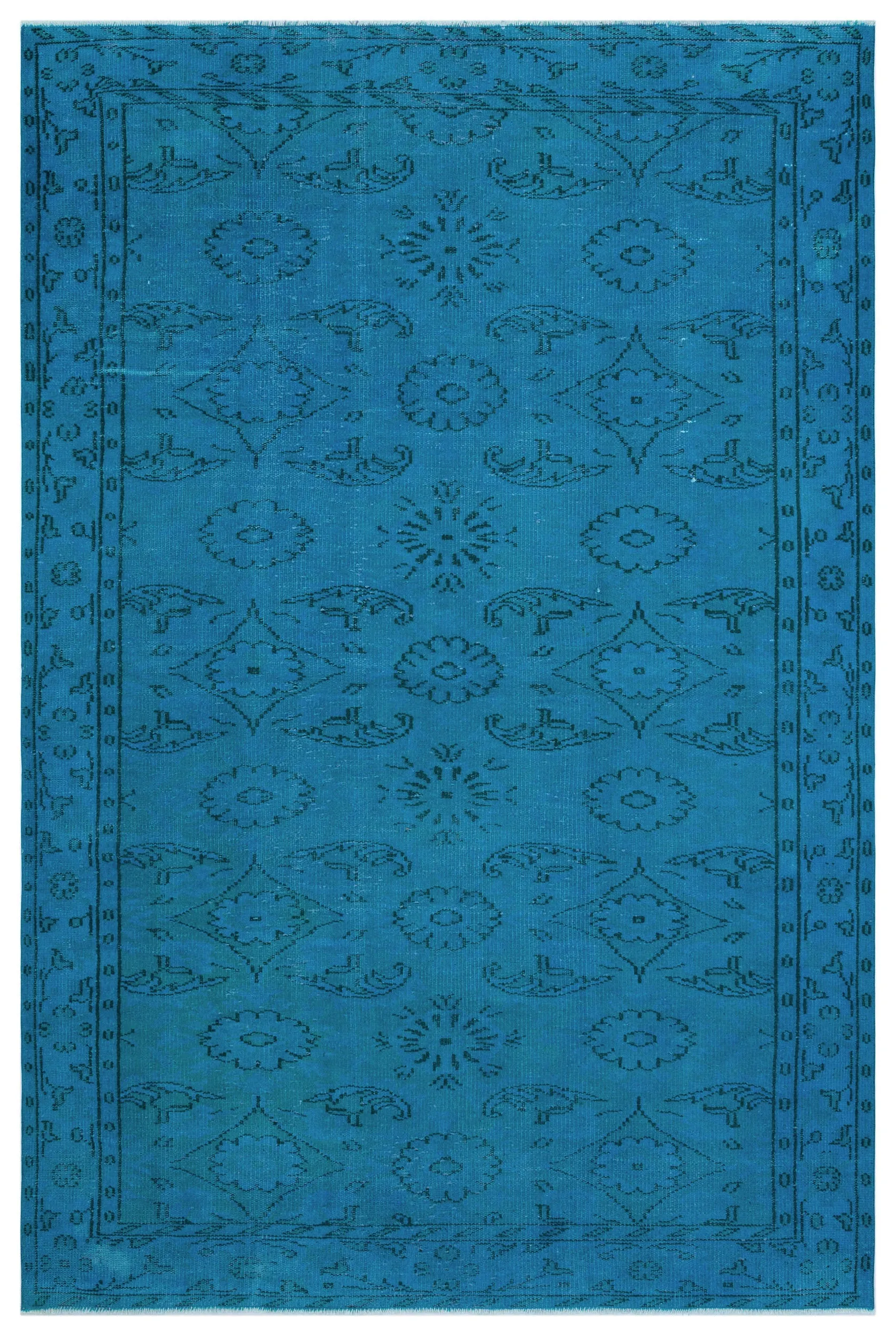 Retro Design Turquoise Over Dyed Vintage Rug 5'9'' x 8'8'' ft 174 x 264 cm