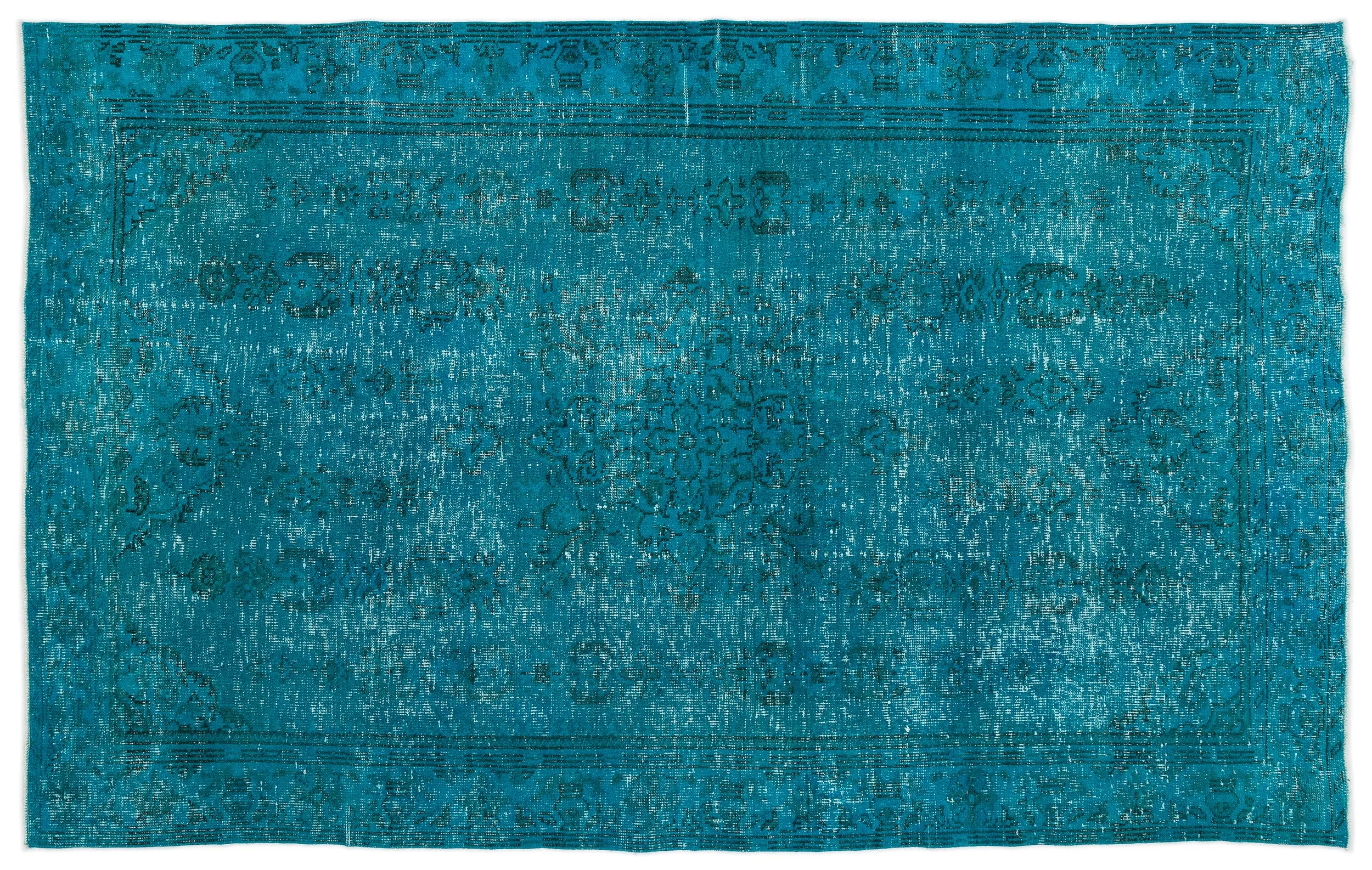Retro Design Turquoise Over Dyed Vintage Rug 6'0'' x 9'11'' ft 184 x 301 cm