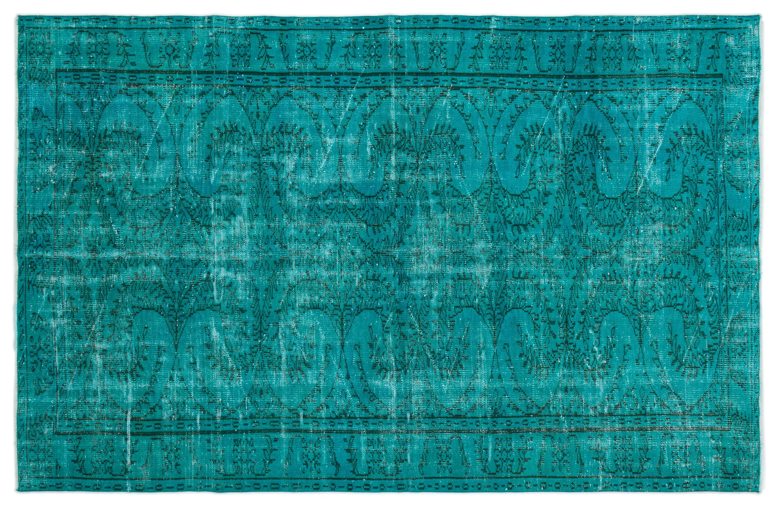 Retro Design Turquoise Over Dyed Vintage Rug 6'0'' x 9'3'' ft 183 x 281 cm