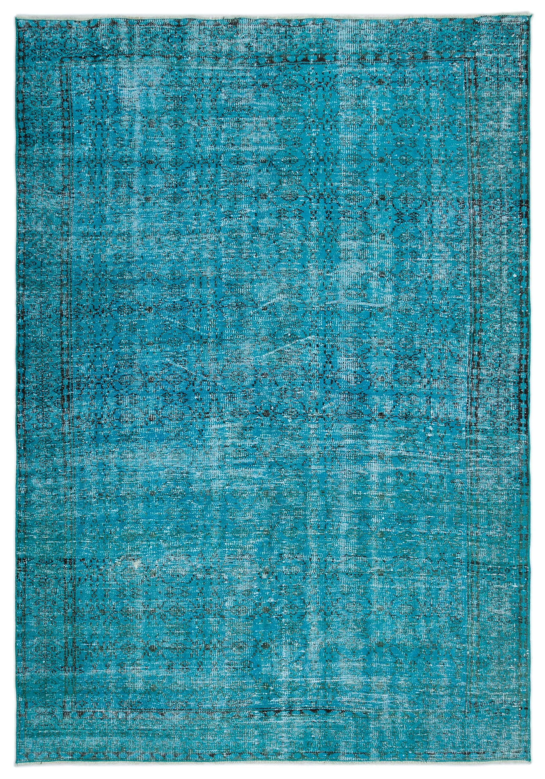 Retro Design Turquoise Over Dyed Vintage Rug 6'7'' x 9'5'' ft 200 x 287 cm