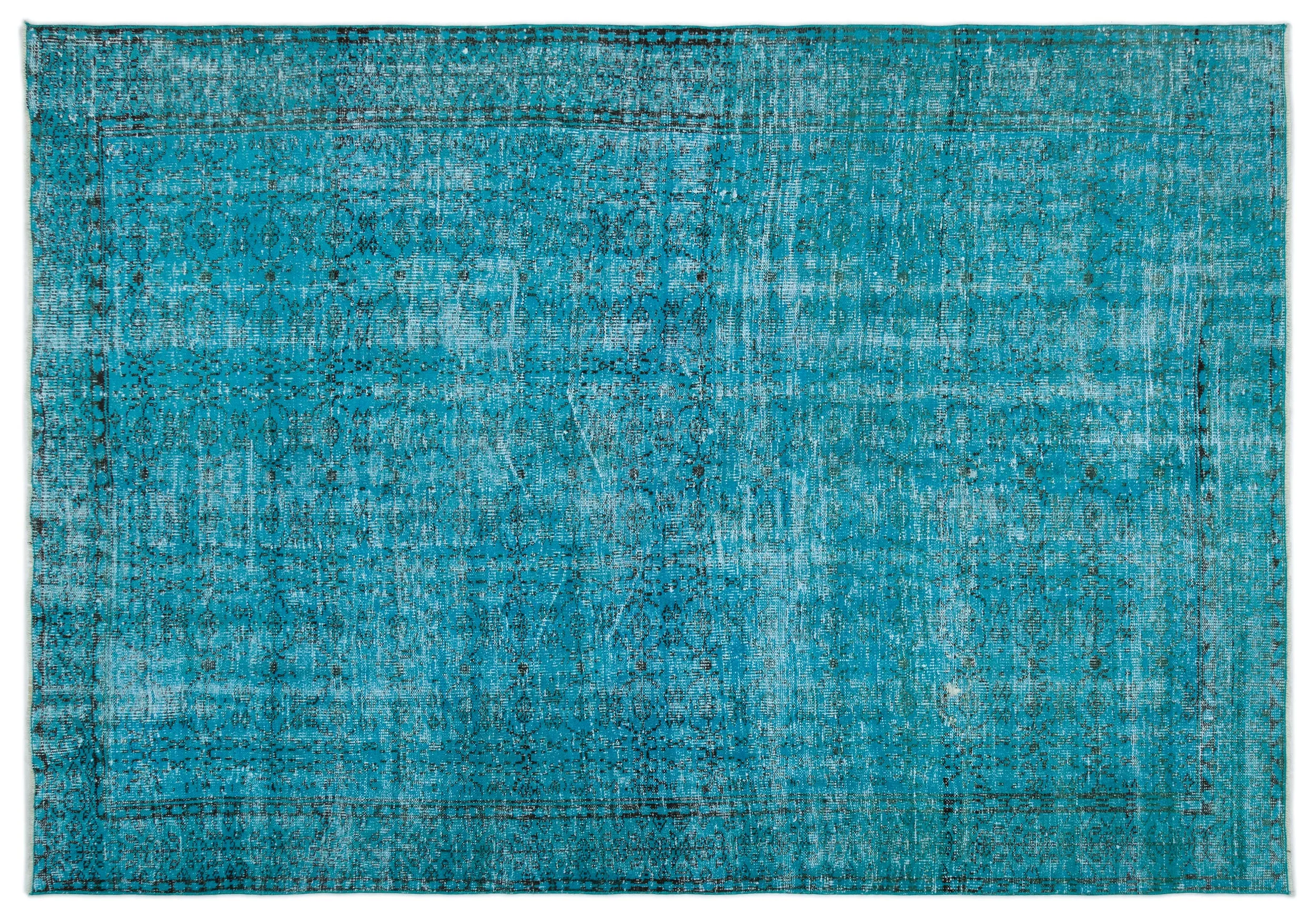 Retro Design Turquoise Over Dyed Vintage Rug 6'7'' x 9'5'' ft 200 x 287 cm