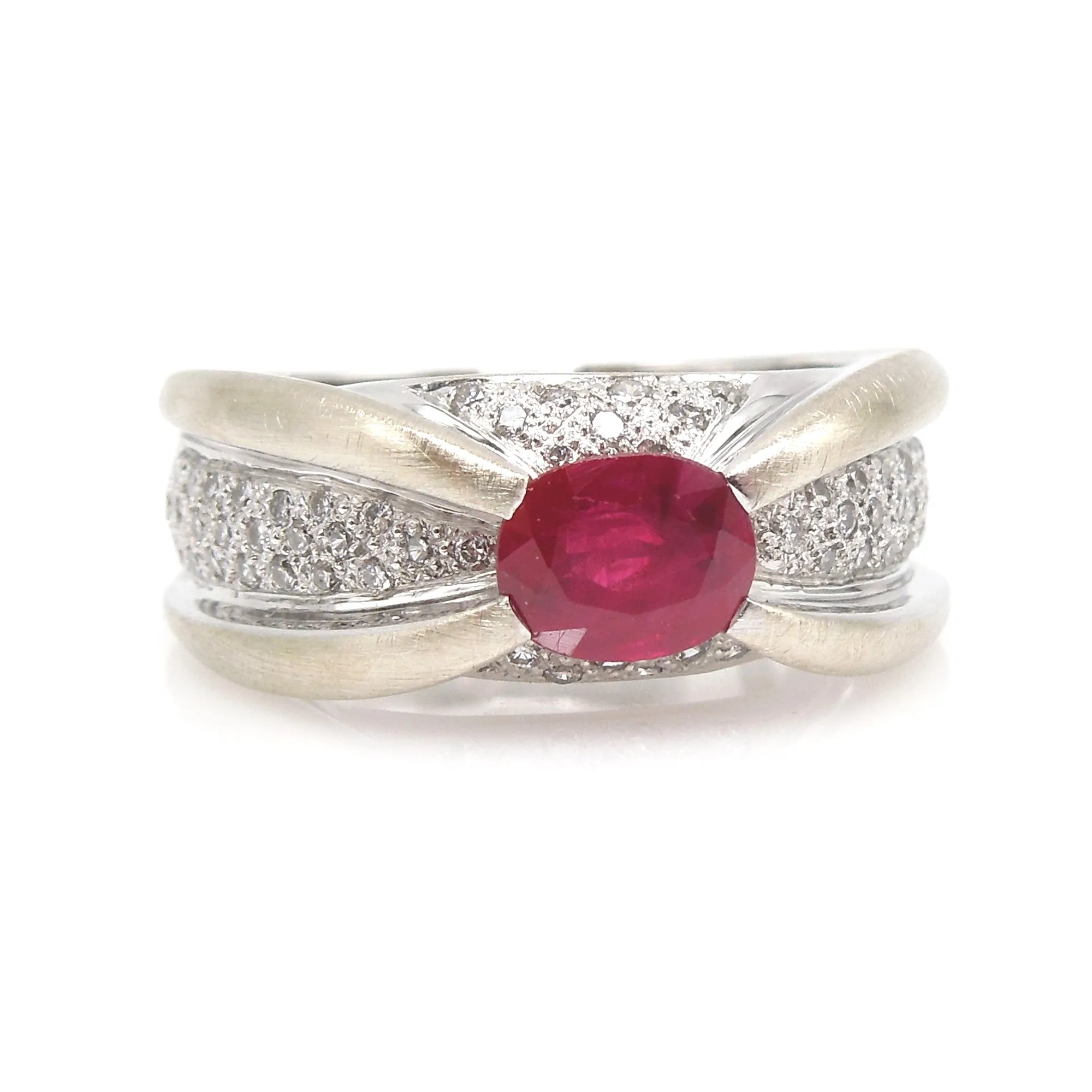 Retro Inspired Diamond and Ruby Criss Cross Ring