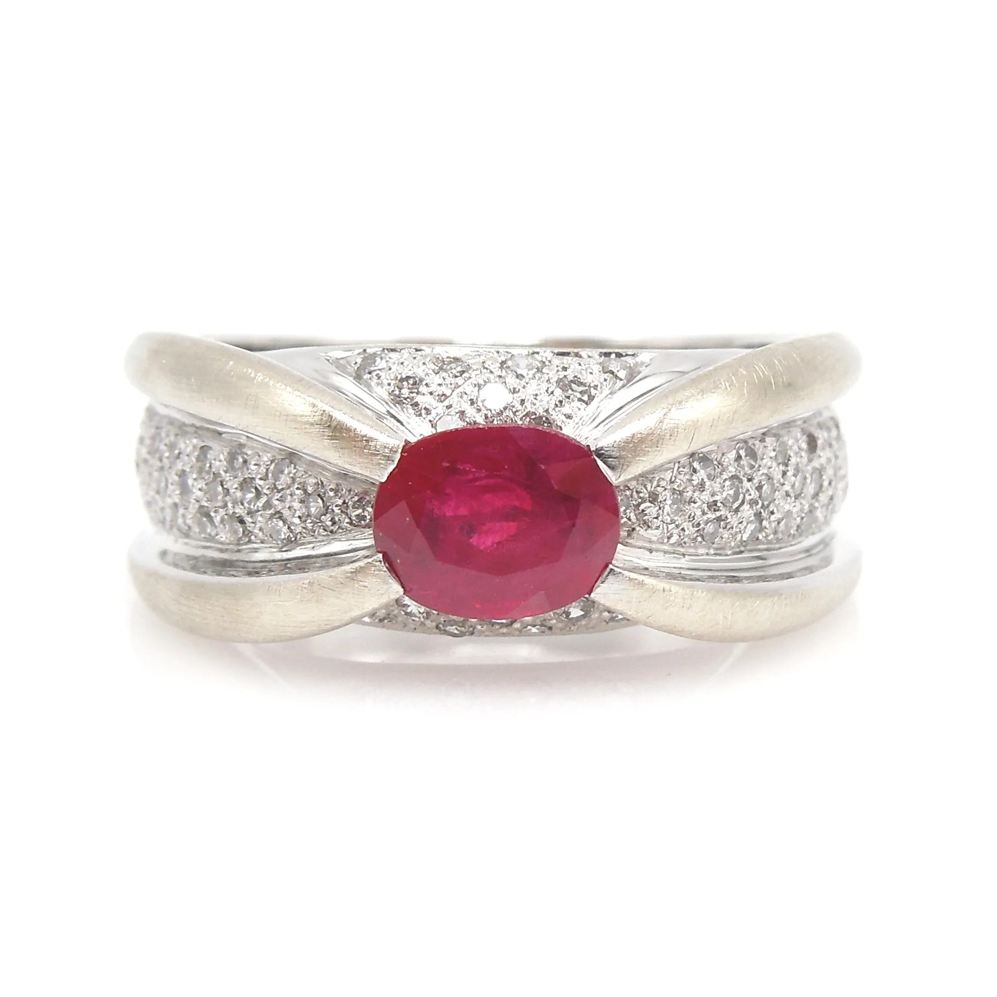 Retro Inspired Diamond and Ruby Criss Cross Ring