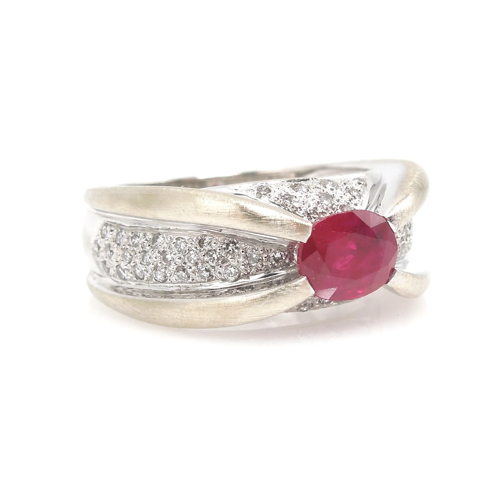 Retro Inspired Diamond and Ruby Criss Cross Ring