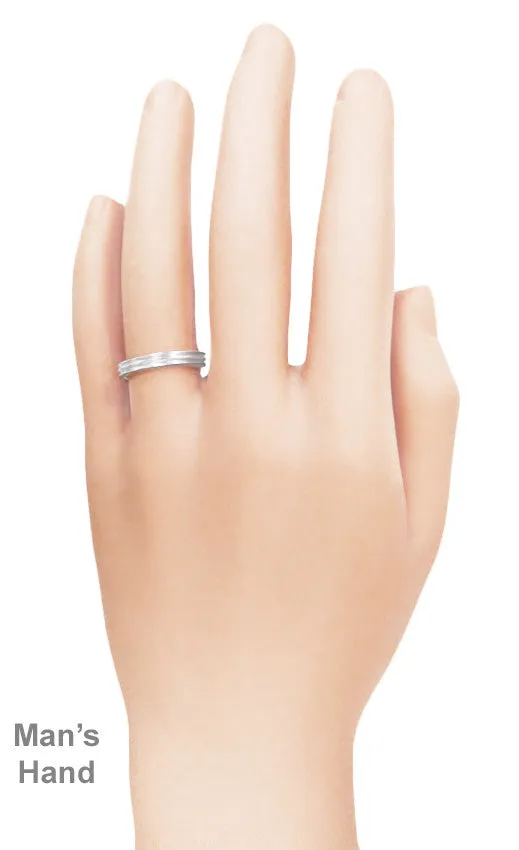Retro Moderne 3mm Double Grooved Wedding Band Ring in 14 Karat White Gold | 1950s Design