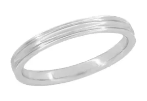 Retro Moderne 3mm Double Grooved Wedding Band Ring in 14 Karat White Gold | 1950s Design