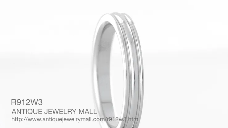 Retro Moderne 3mm Double Grooved Wedding Band Ring in 14 Karat White Gold | 1950s Design
