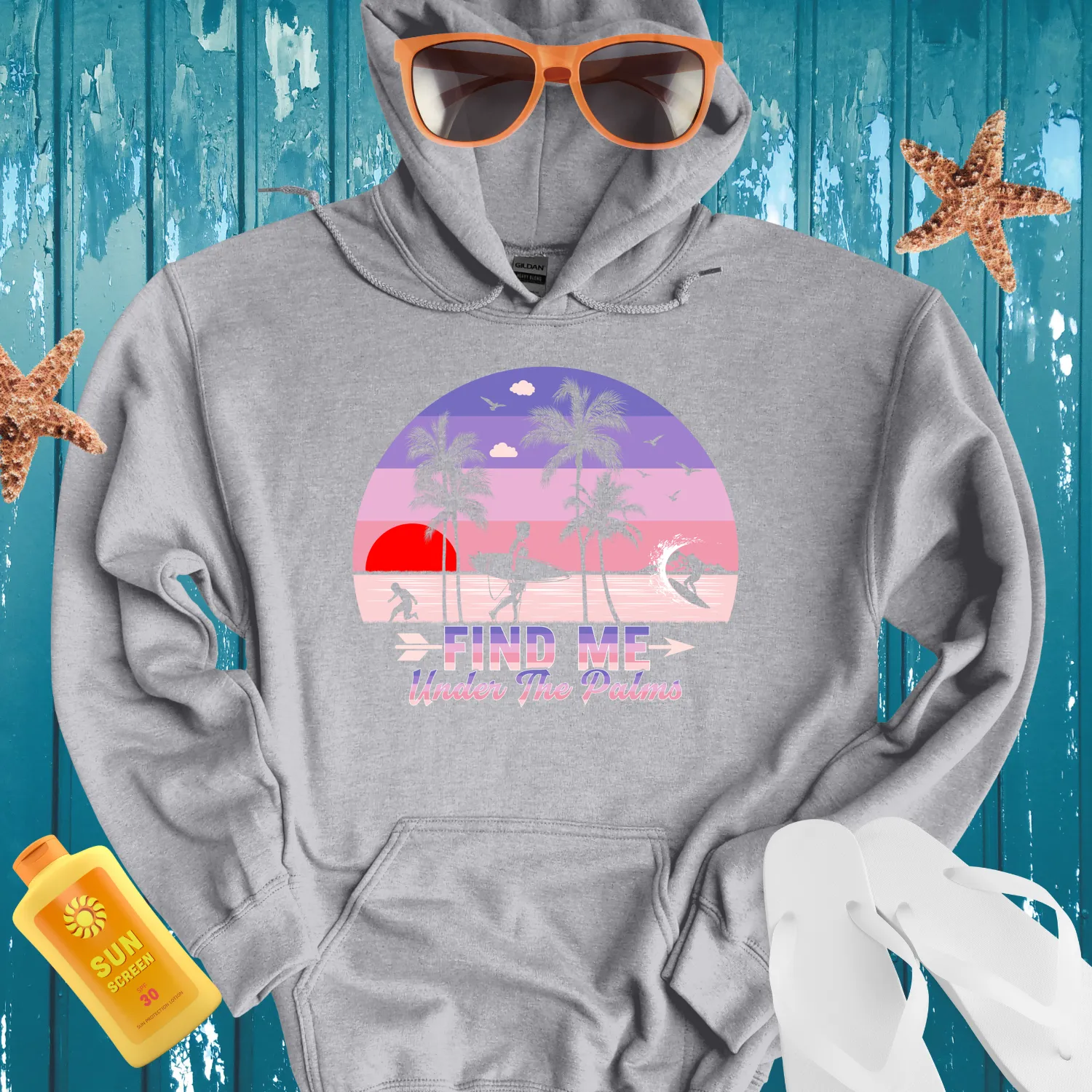 Retro Summer Hoodie With Sunset Beach Scene Design