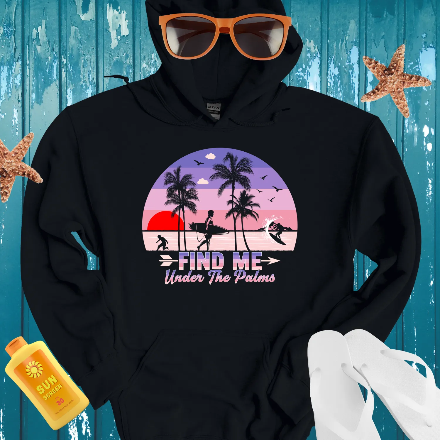 Retro Summer Hoodie With Sunset Beach Scene Design