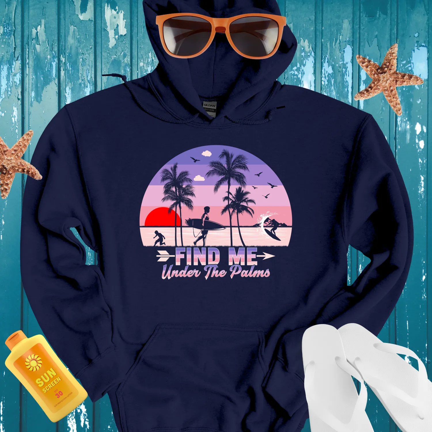 Retro Summer Hoodie With Sunset Beach Scene Design