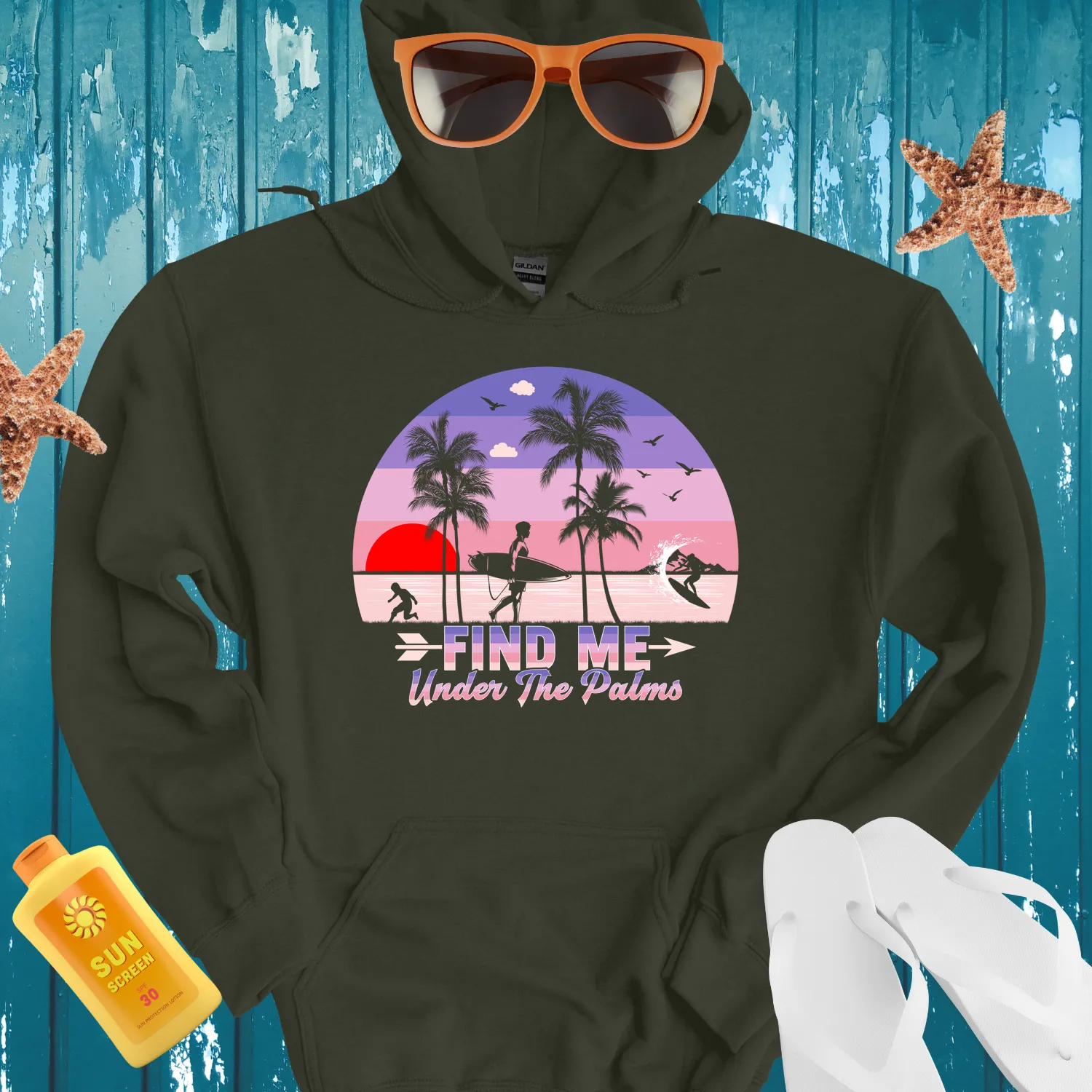 Retro Summer Hoodie With Sunset Beach Scene Design