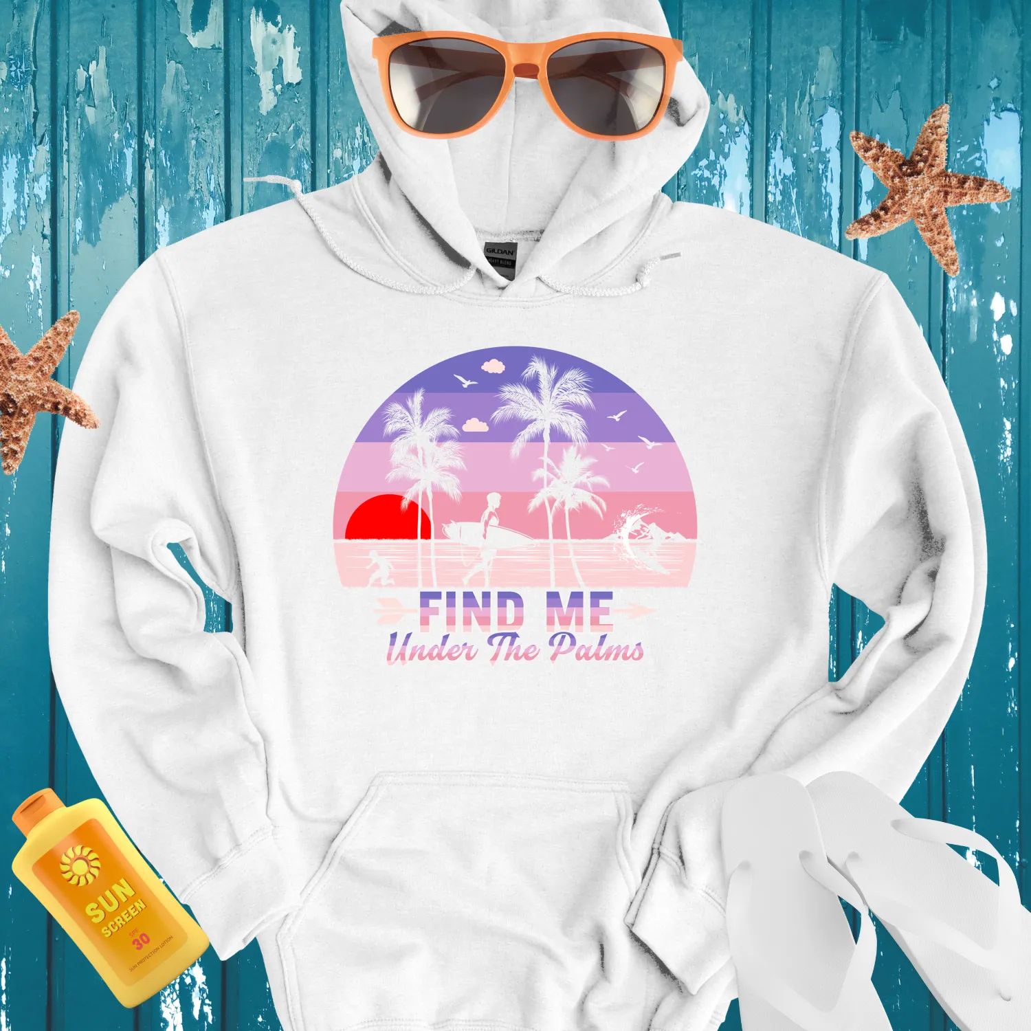 Retro Summer Hoodie With Sunset Beach Scene Design
