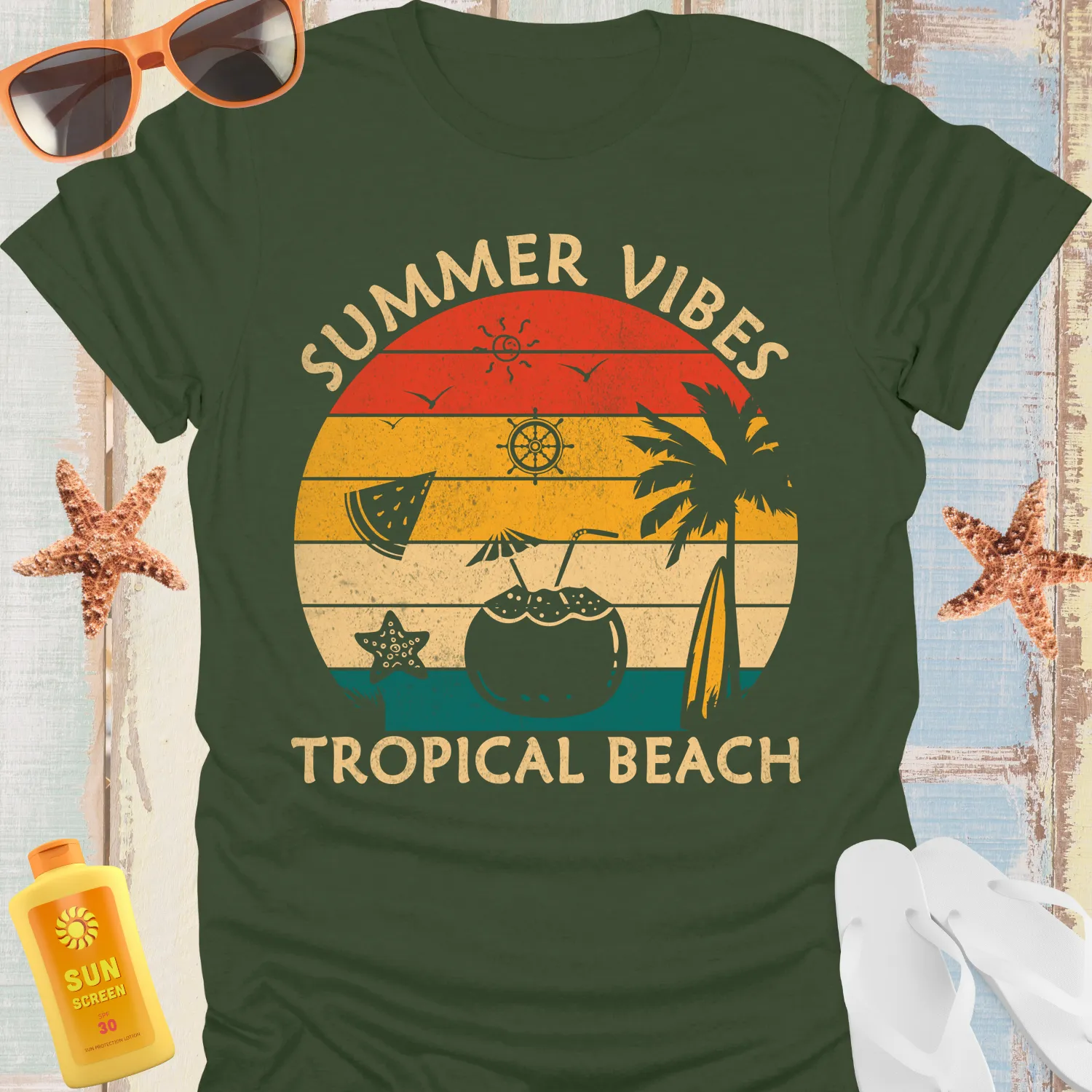 Retro Summer Vibes Beach Tshirt With Sunset Design