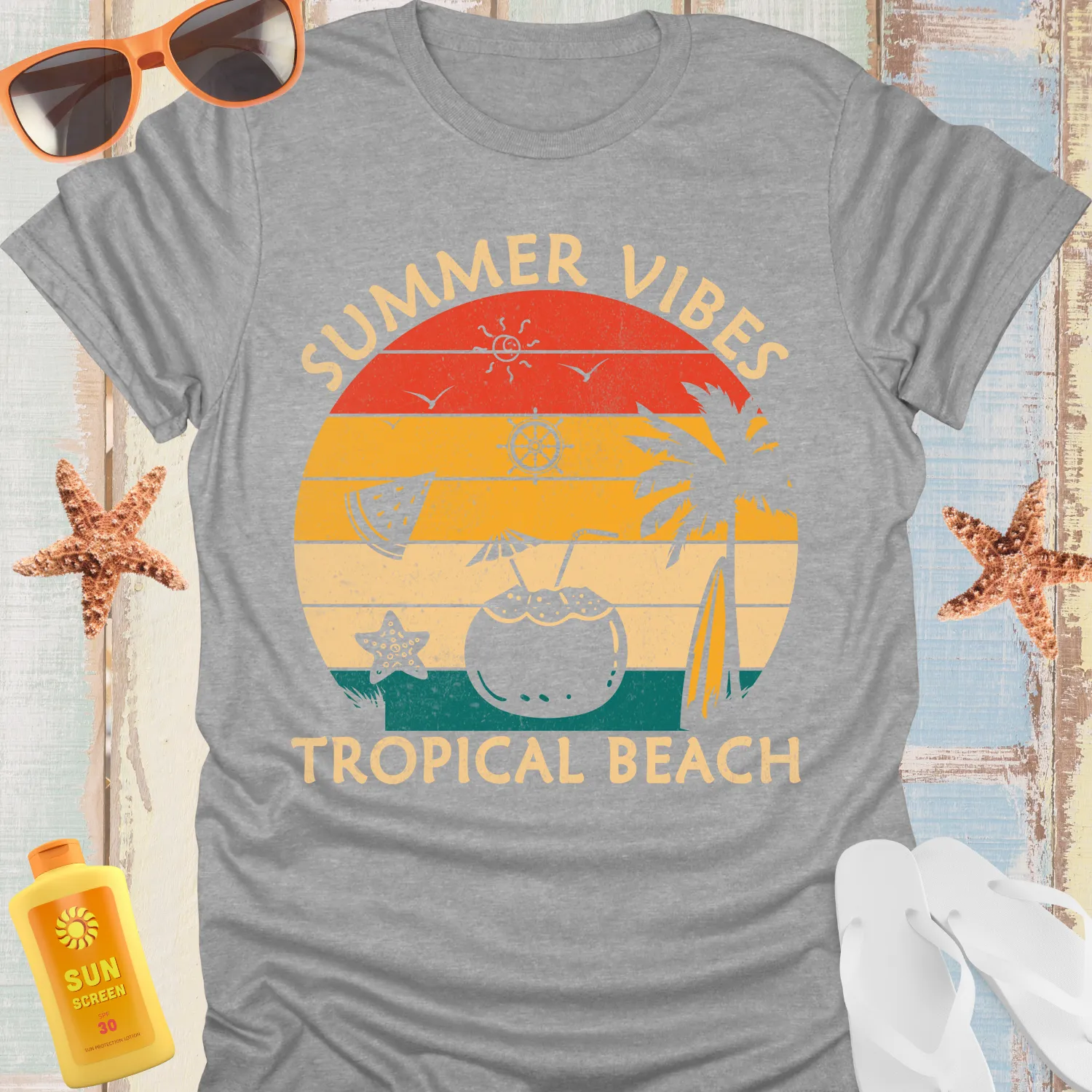 Retro Summer Vibes Beach Tshirt With Sunset Design