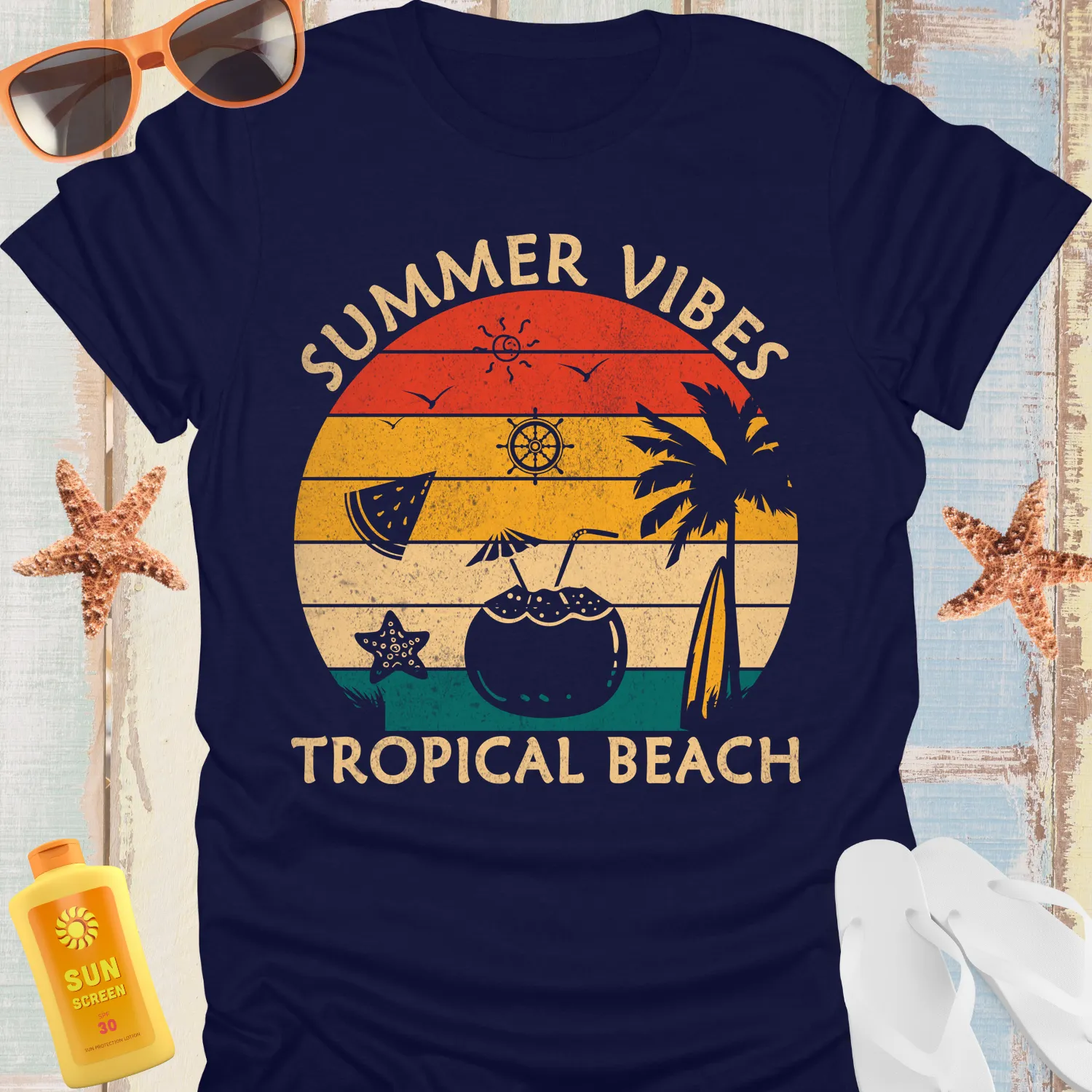 Retro Summer Vibes Beach Tshirt With Sunset Design
