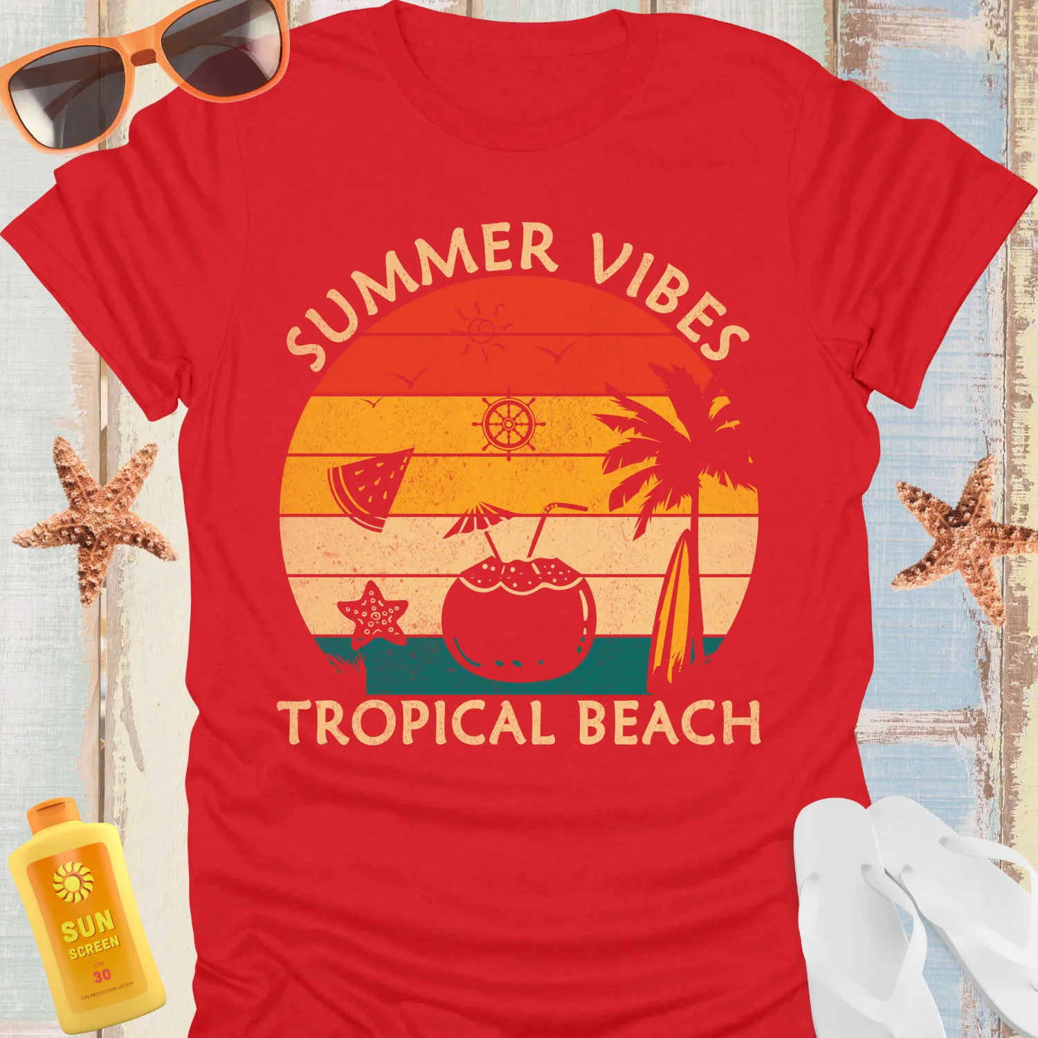 Retro Summer Vibes Beach Tshirt With Sunset Design