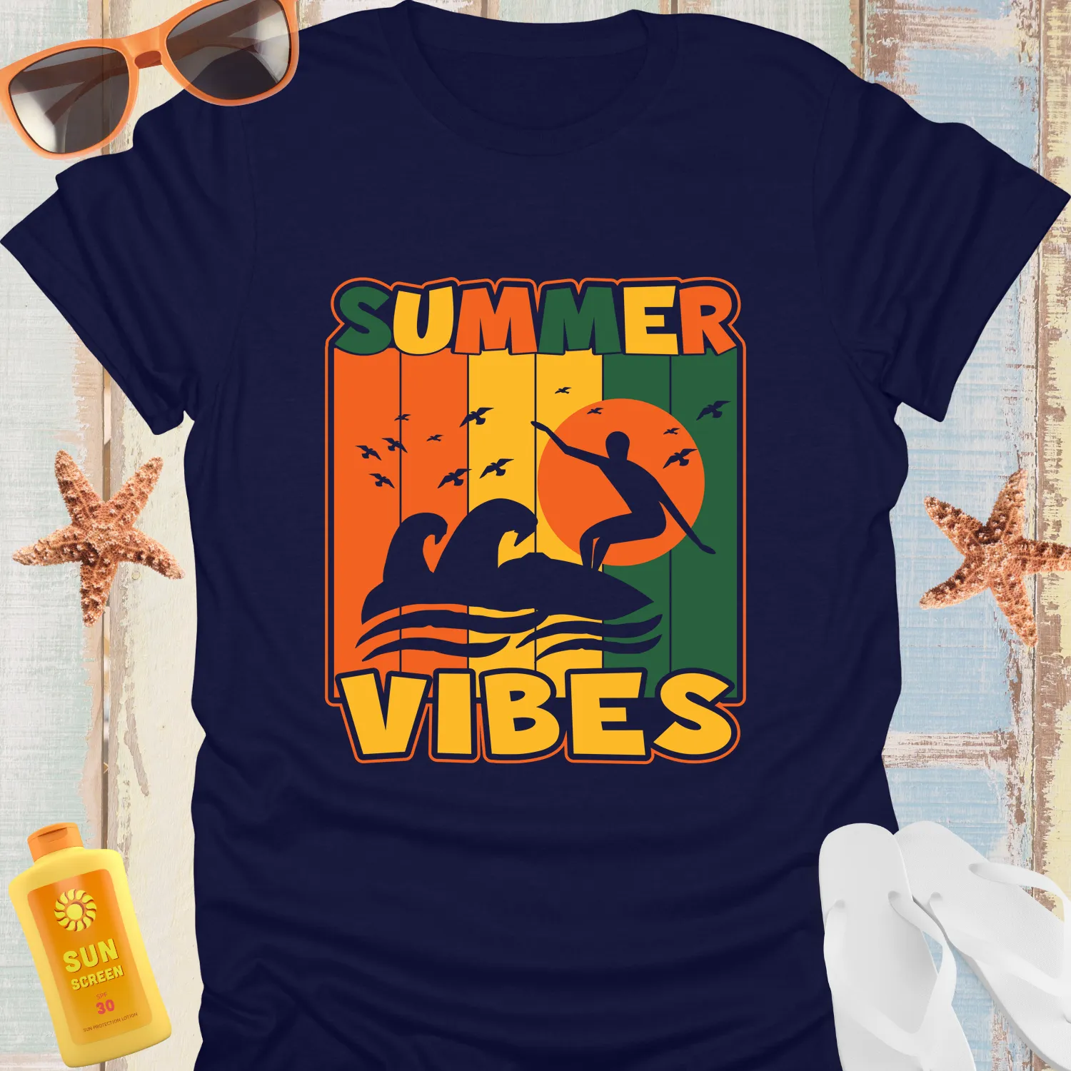 Retro Summer Vibes T-Shirt With Surfer Silhouette