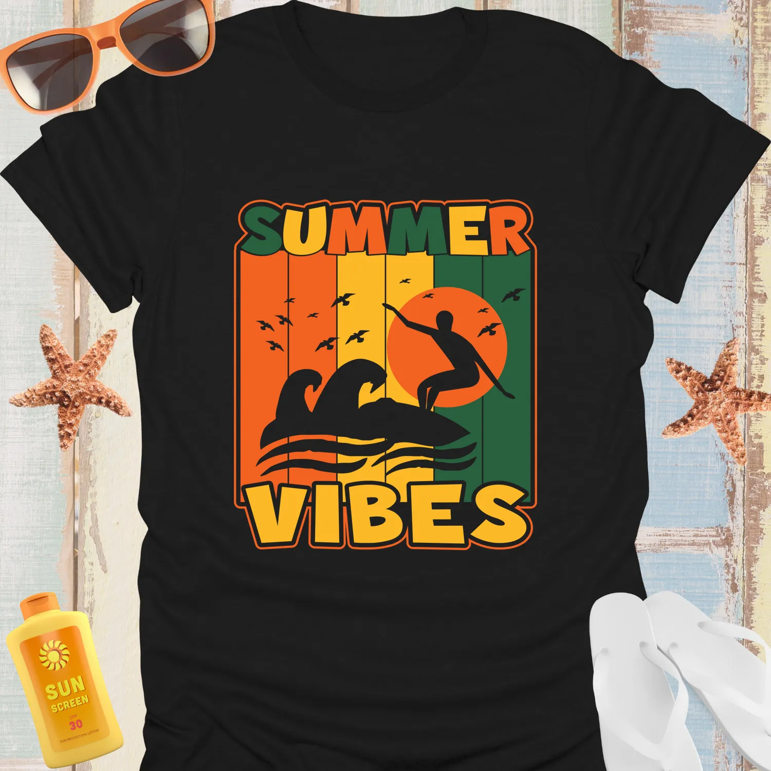 Retro Summer Vibes T-Shirt With Surfer Silhouette