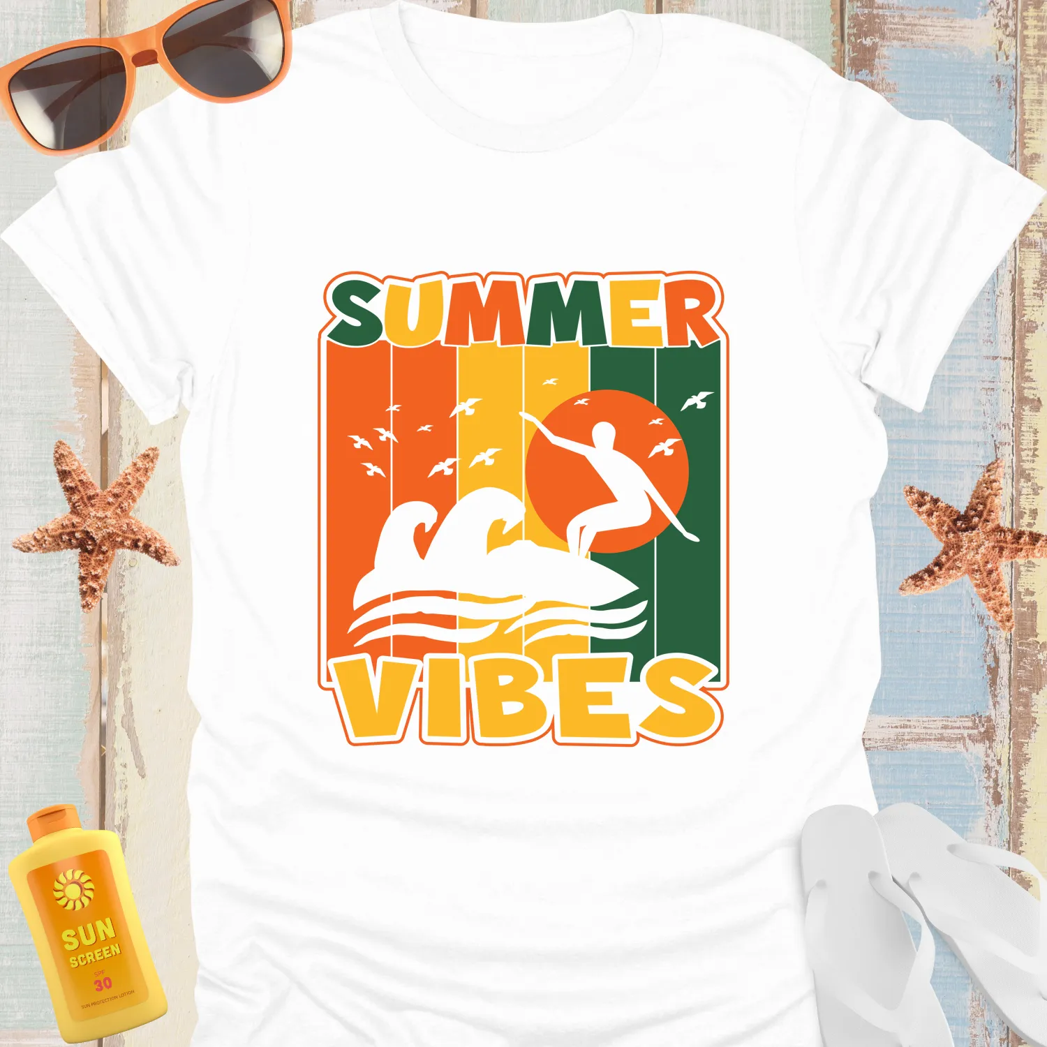 Retro Summer Vibes T-Shirt With Surfer Silhouette
