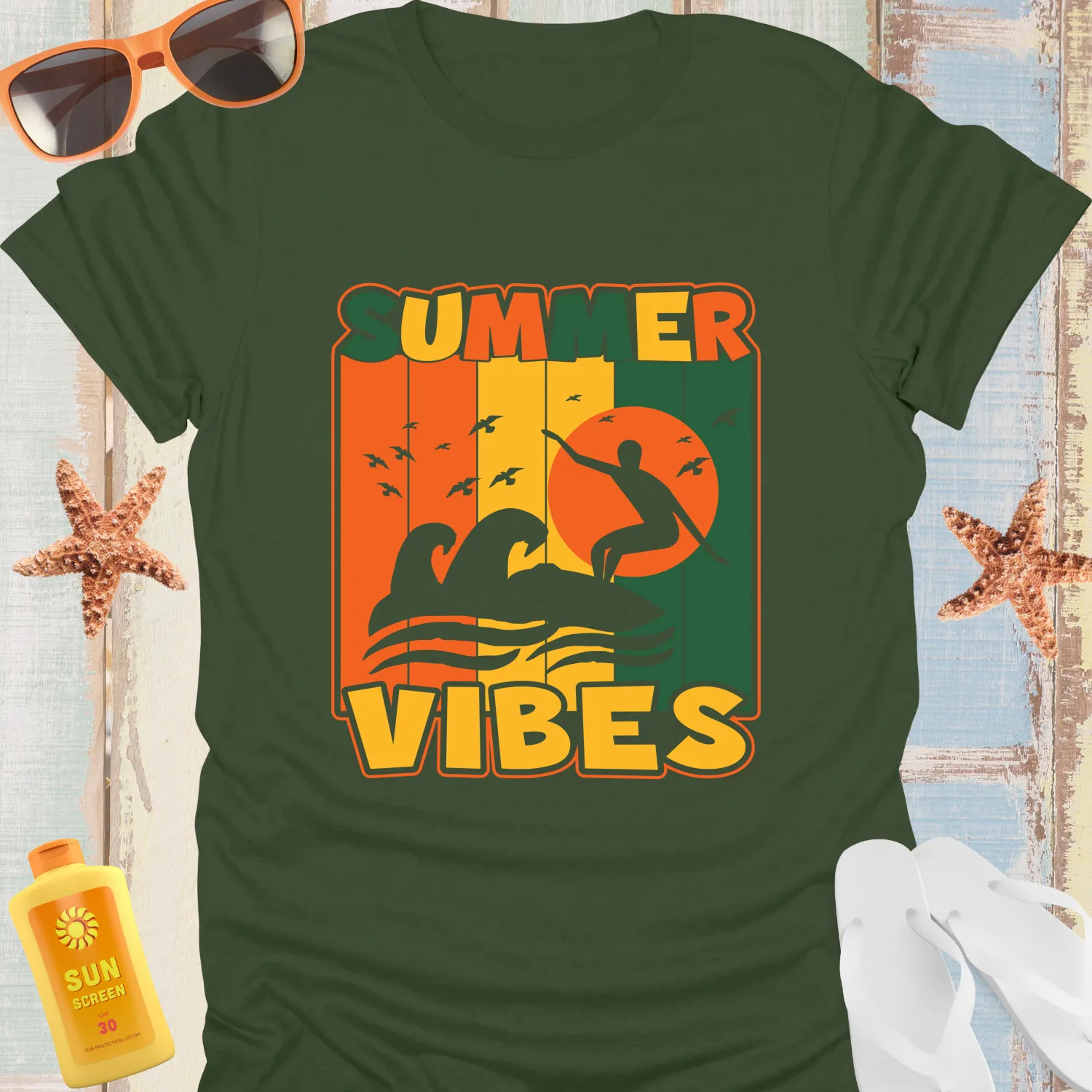 Retro Summer Vibes T-Shirt With Surfer Silhouette