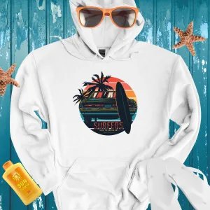 Retro Surfers Hoodie With Classic Car And Sunset Design
