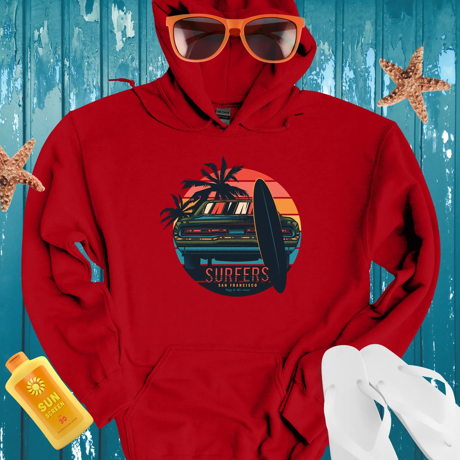 Retro Surfers Hoodie With Classic Car And Sunset Design
