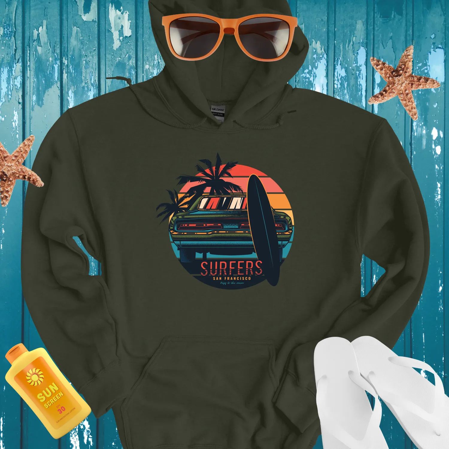 Retro Surfers Hoodie With Classic Car And Sunset Design
